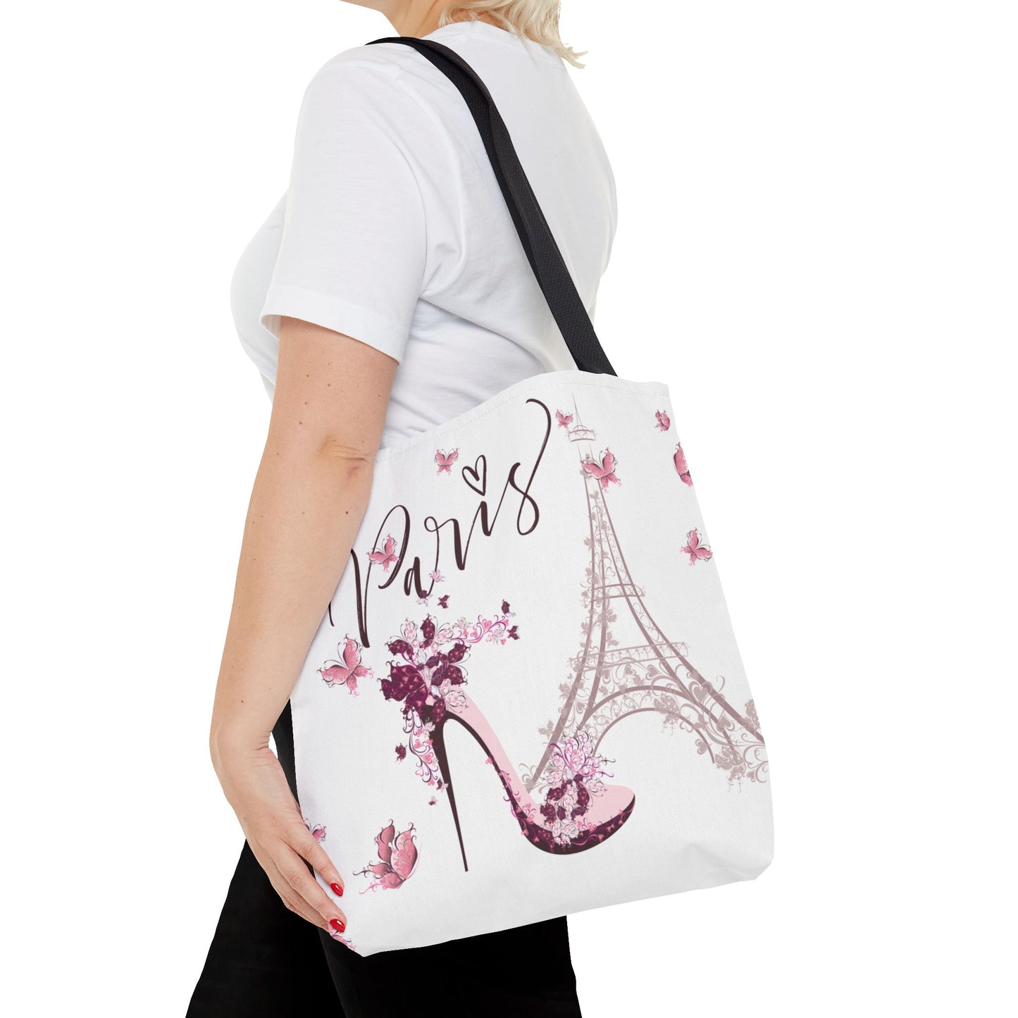 Eiffel Tower in Paris Tote Bag, Utility Tote - Paris France Inspired Tote - Pink Butterflies