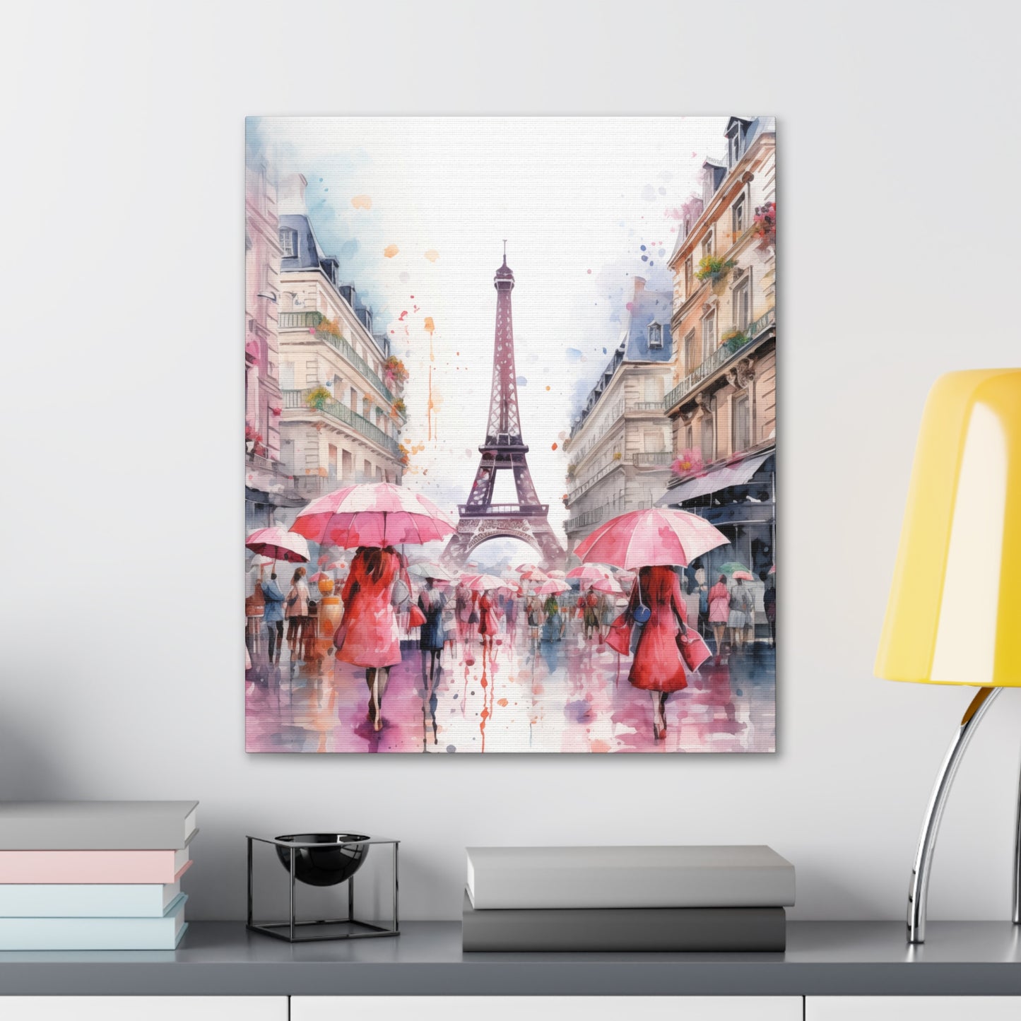 Eiffel Tower Wall Art, Paris France, Canvas Gallery Wrap - Pink Umbrellas