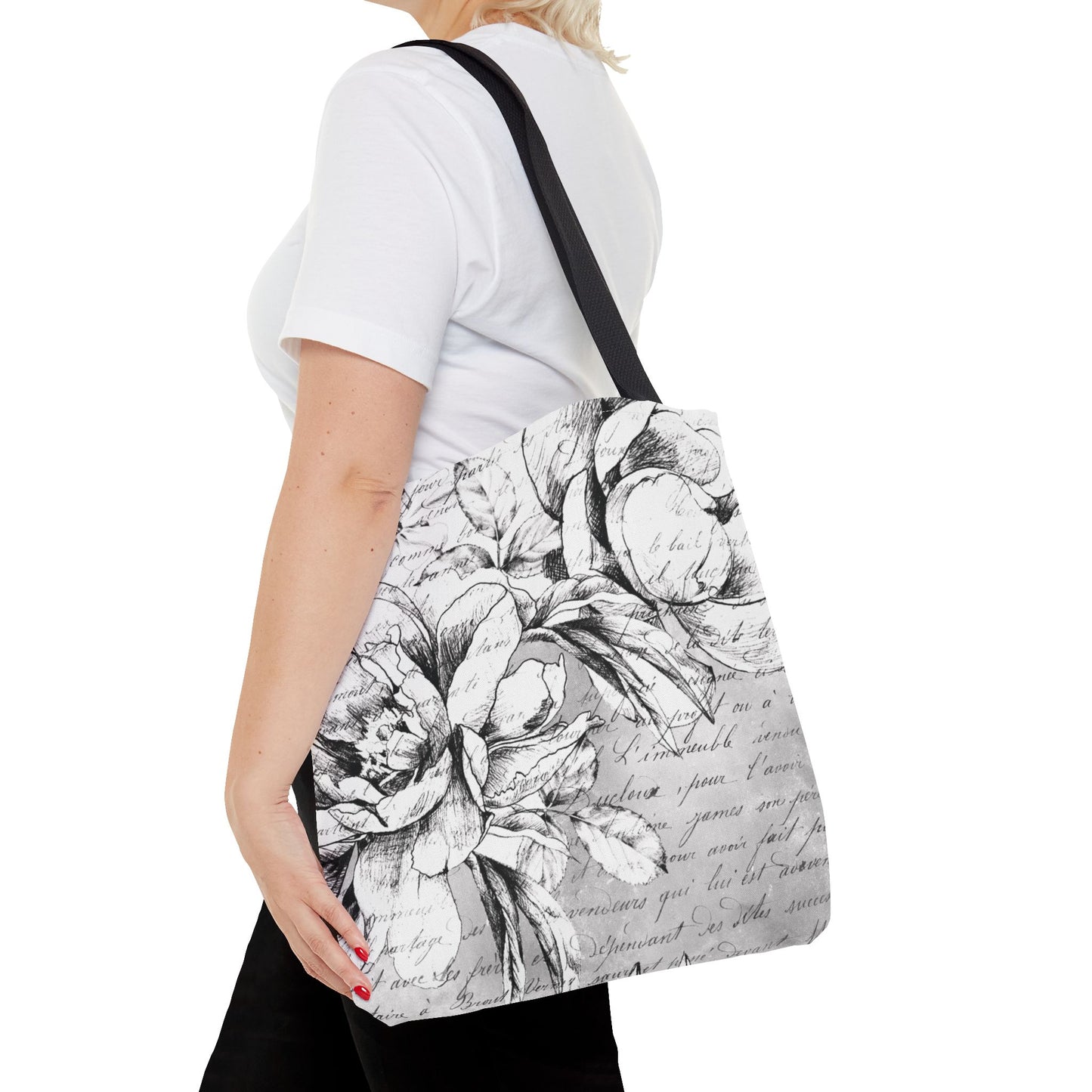 Peony Sketch Tote Bag, Utility Tote - Script Tote - Love Letters and Peonies