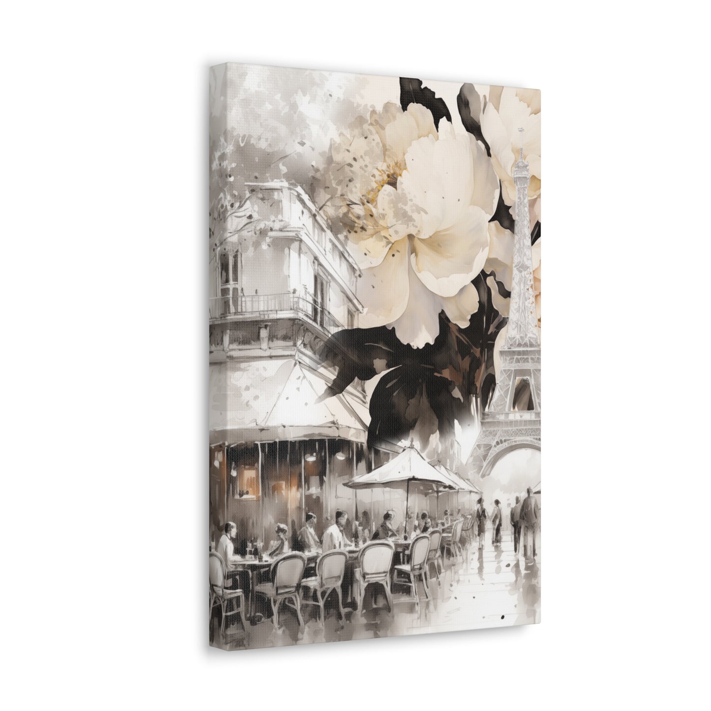 Cafe in Paris with Cream Peonies Canvas Gallery Wrap