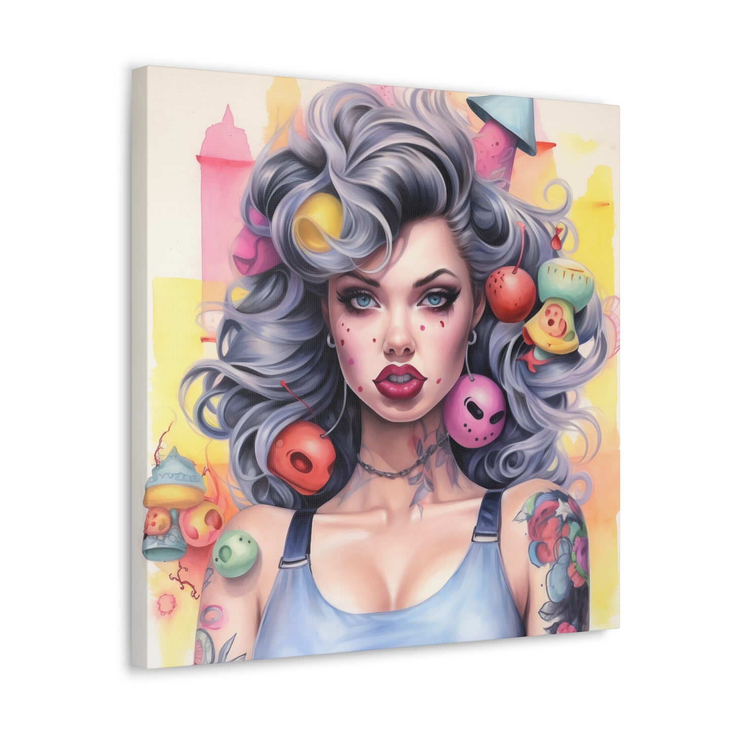 Gallery Wrapped Canvas, Tattooed Beauty, Femme Doll Pop Art Canvas – Lila