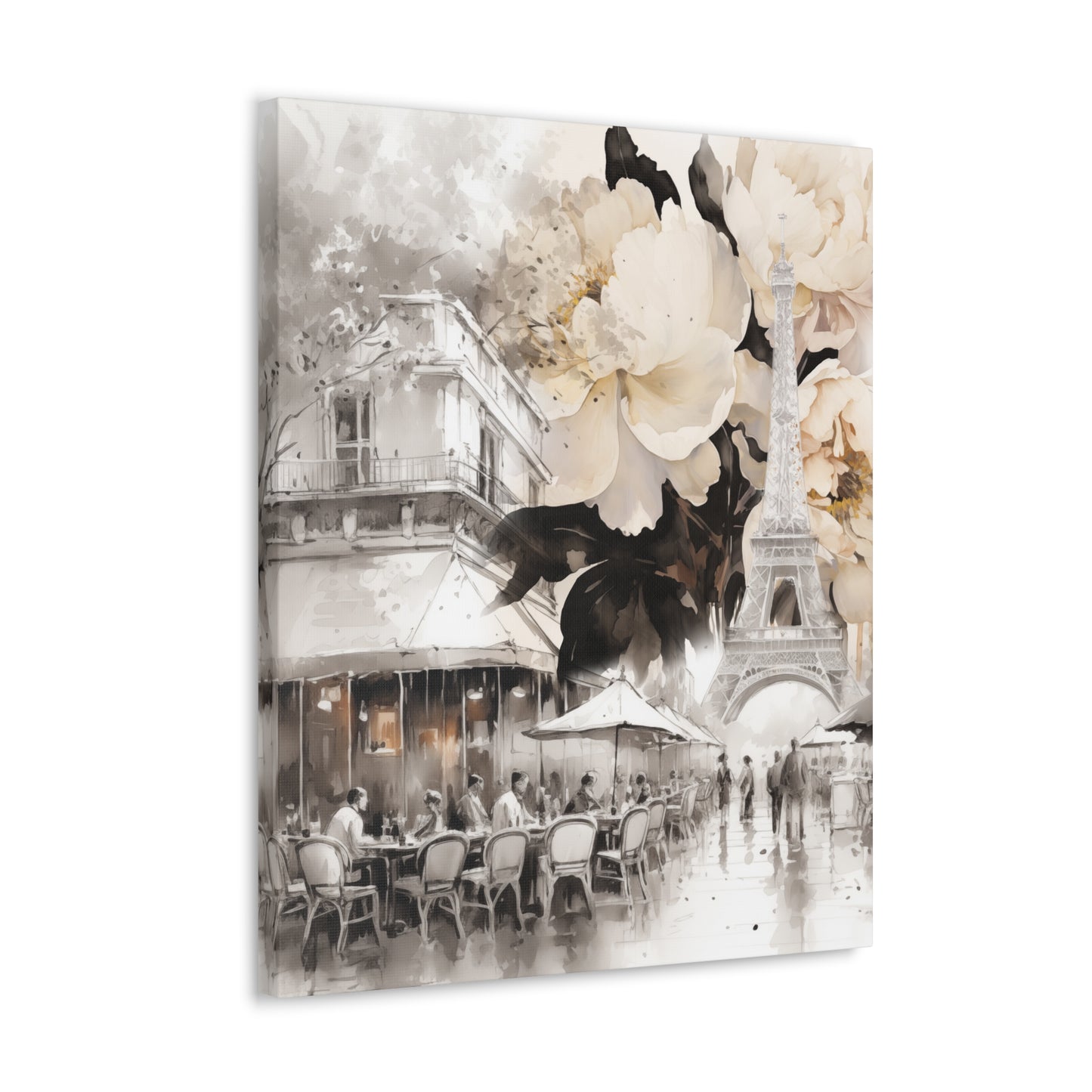 Cafe in Paris with Cream Peonies Canvas Gallery Wrap