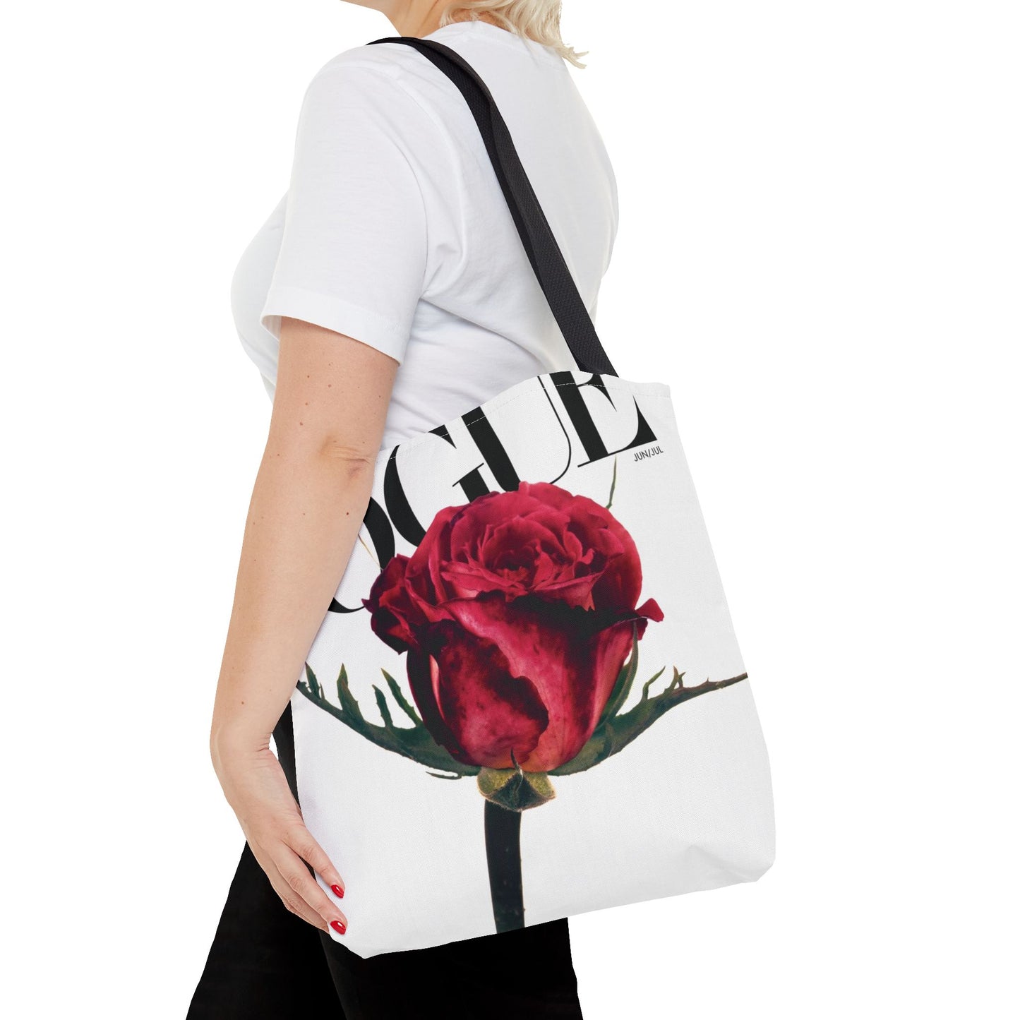 VOGUE Red Rose Square Utility Tote - Fashion Canvas Tote Bag - Designer Inspired Tote