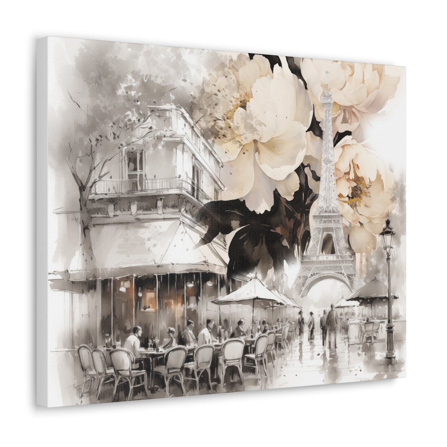 Cafe in Paris with Cream Peonies Canvas Gallery Wrap