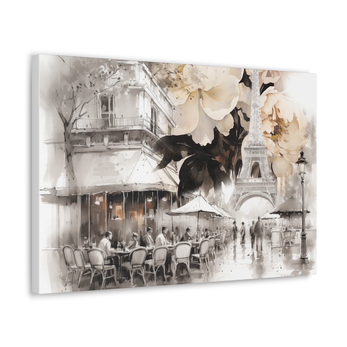 Cafe in Paris with Cream Peonies Canvas Gallery Wrap