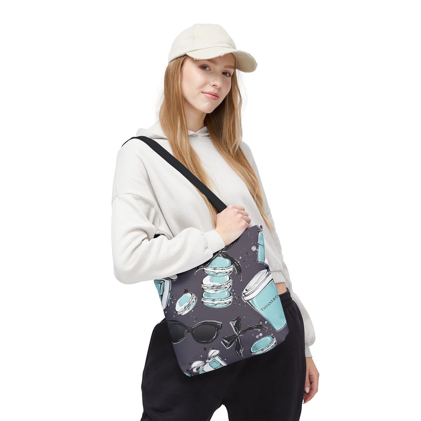 Coffee and Macarons Canvas Tote Bag, Basic Square Tote - Breakfast at Tiffany Inspired