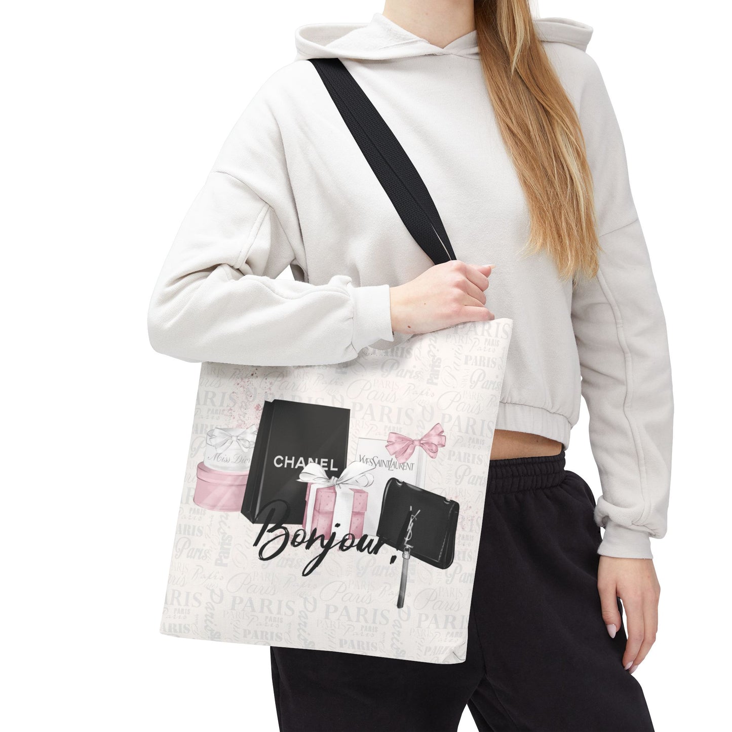 Bonjour Tote Bag, Utility Tote - Designer Inspired Tote - Shopping Fashion Tote - Parisian Pink