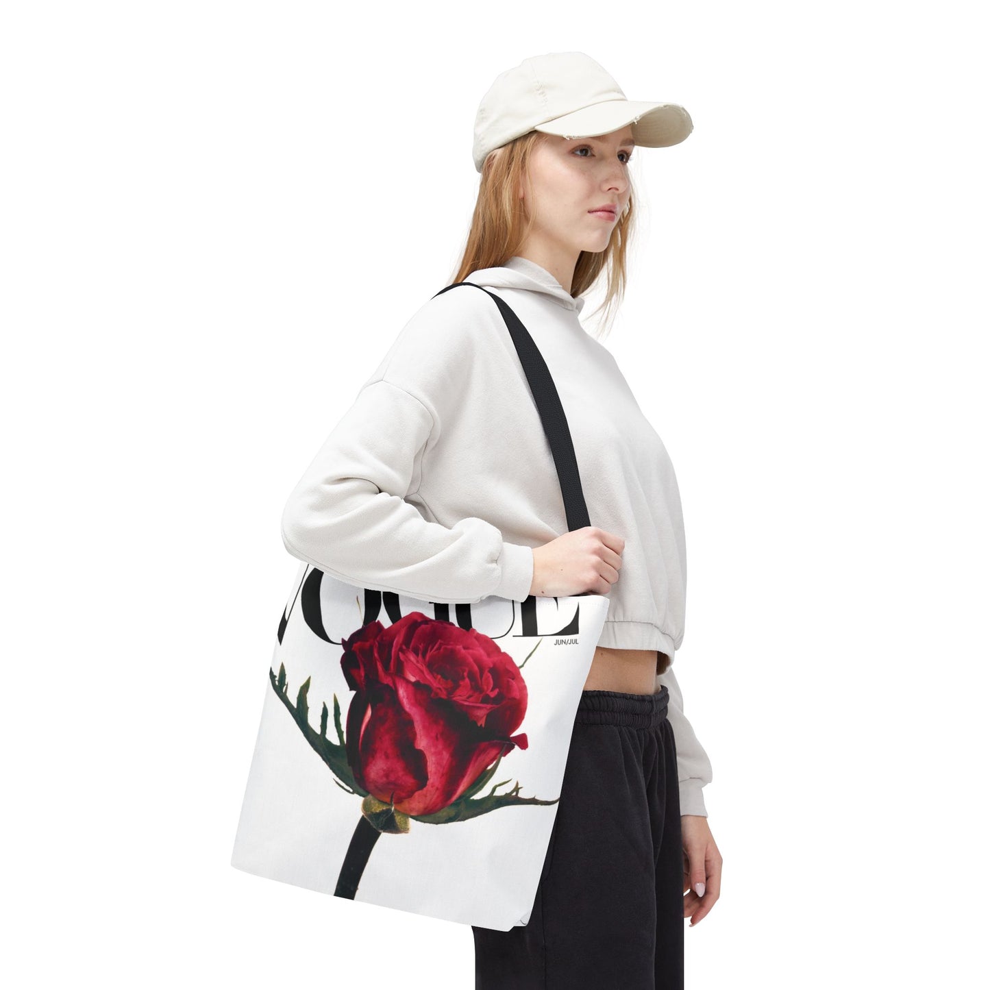 VOGUE Red Rose Square Utility Tote - Fashion Canvas Tote Bag - Designer Inspired Tote