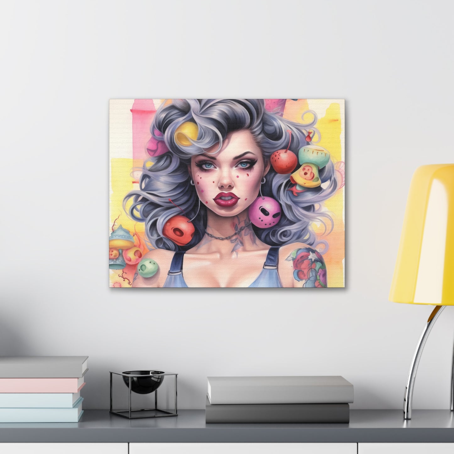 Gallery Wrapped Canvas, Tattooed Beauty, Femme Doll Pop Art Canvas – Lila