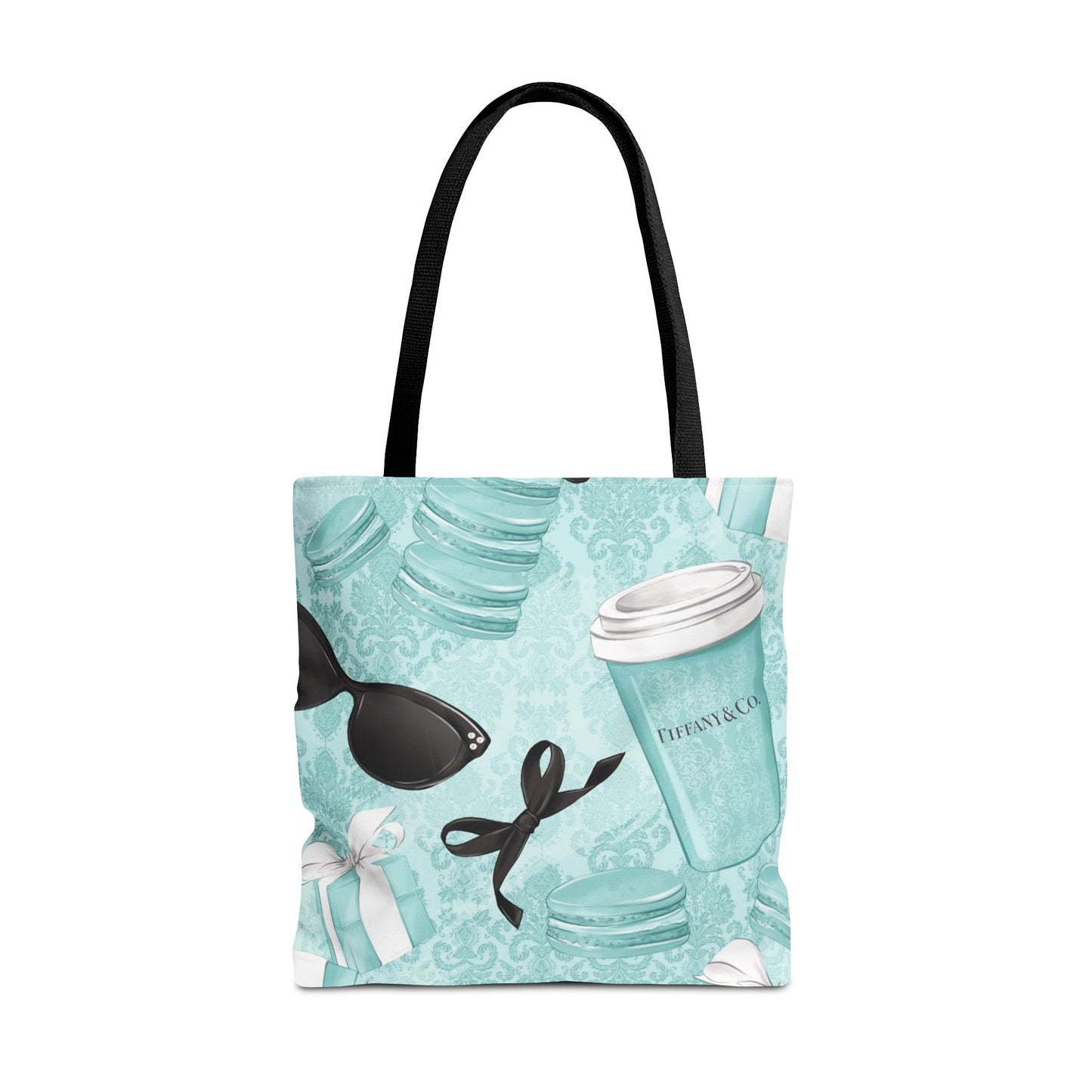 Coffee and Macarons Canvas Tote Bag, Basic Square Tote - Breakfast at Tiffany Inspired, Paris Blue