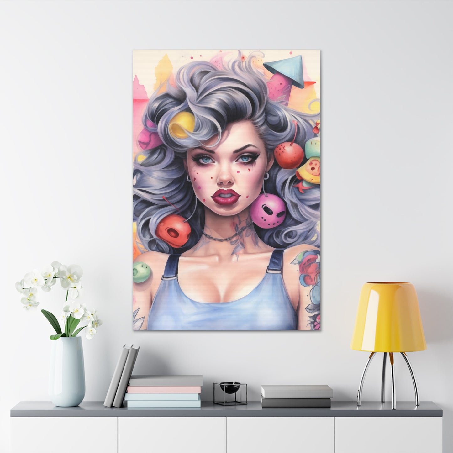 Gallery Wrapped Canvas, Tattooed Beauty, Femme Doll Pop Art Canvas – Lila