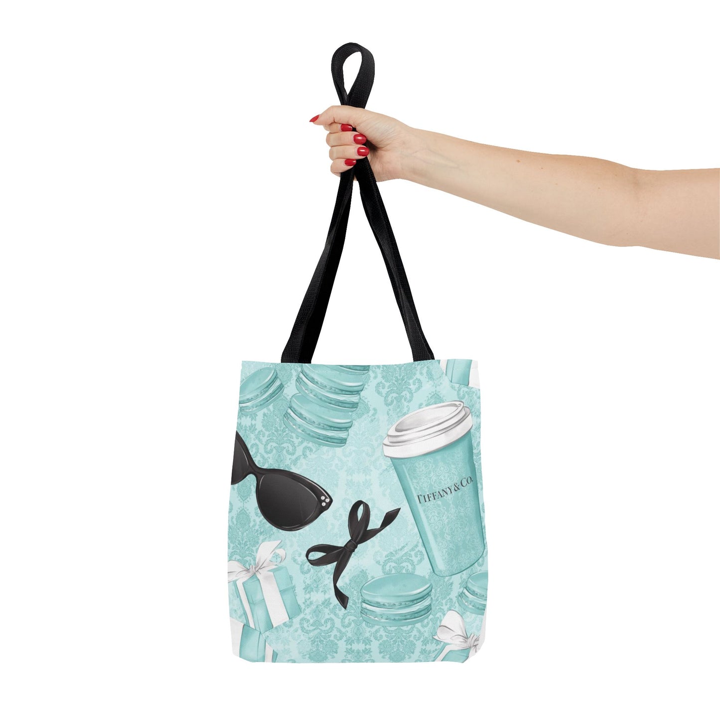 Coffee and Macarons Canvas Tote Bag, Basic Square Tote - Breakfast at Tiffany Inspired, Paris Blue