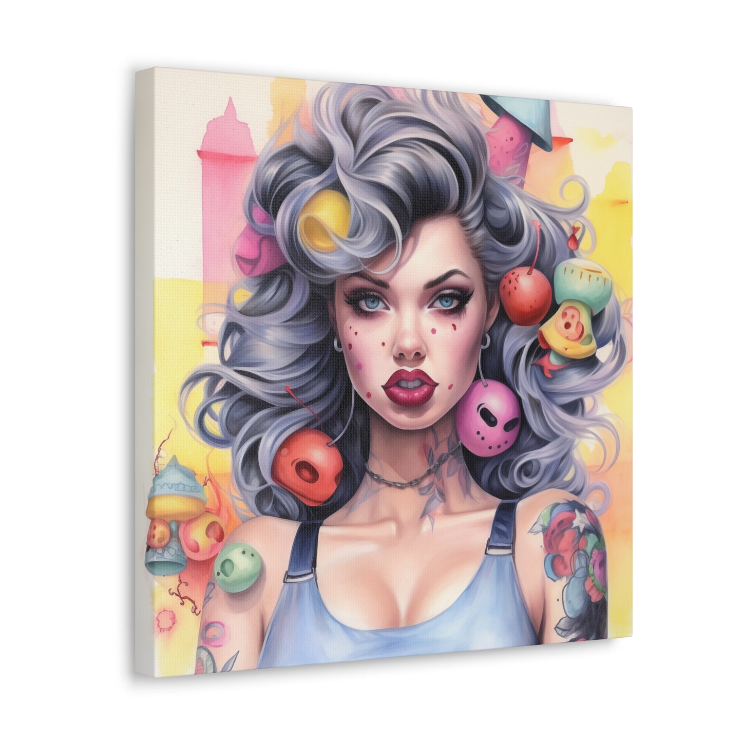 Gallery Wrapped Canvas, Tattooed Beauty, Femme Doll Pop Art Canvas – Lila