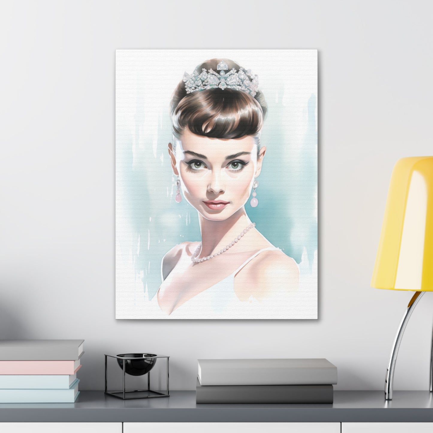 Canvas Wall Art, Gallery Wrapped Pop Art, Celebrity Wall Art – Audrey Hepburn - Robin Egg Blue