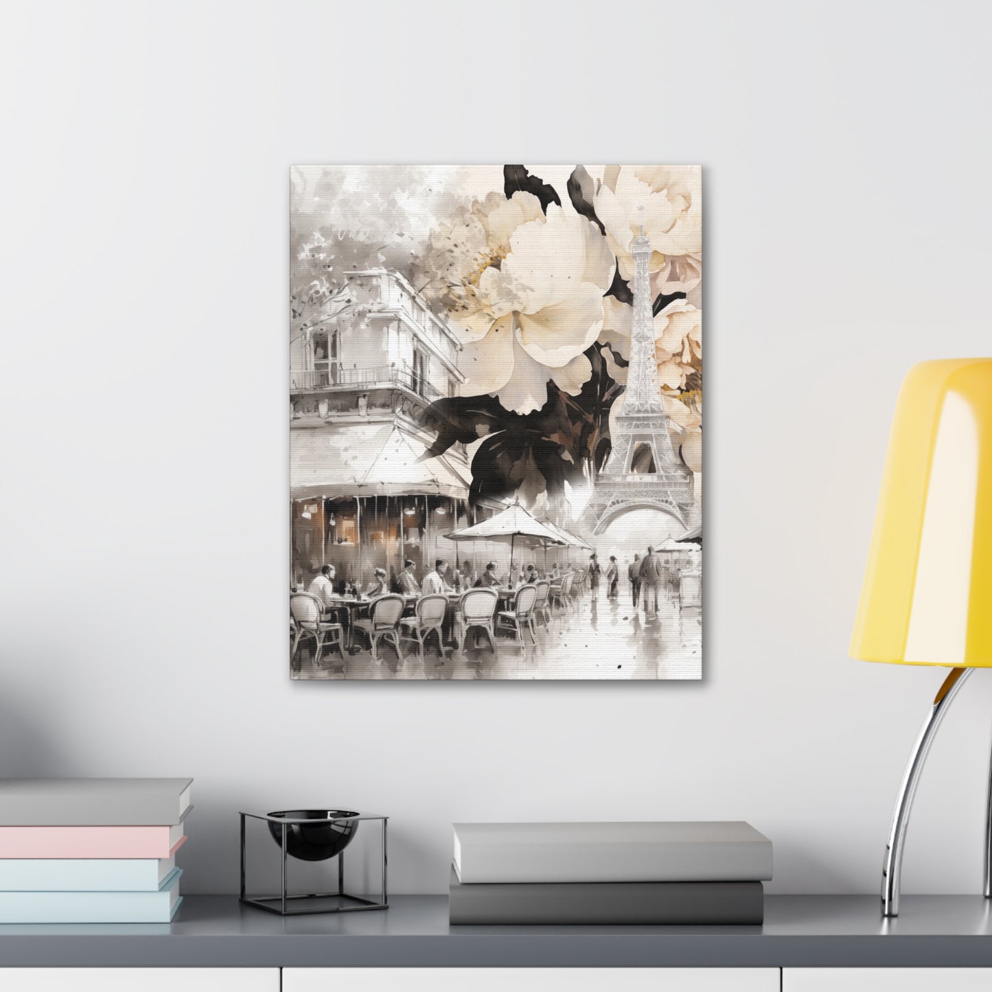 Cafe in Paris with Cream Peonies Canvas Gallery Wrap