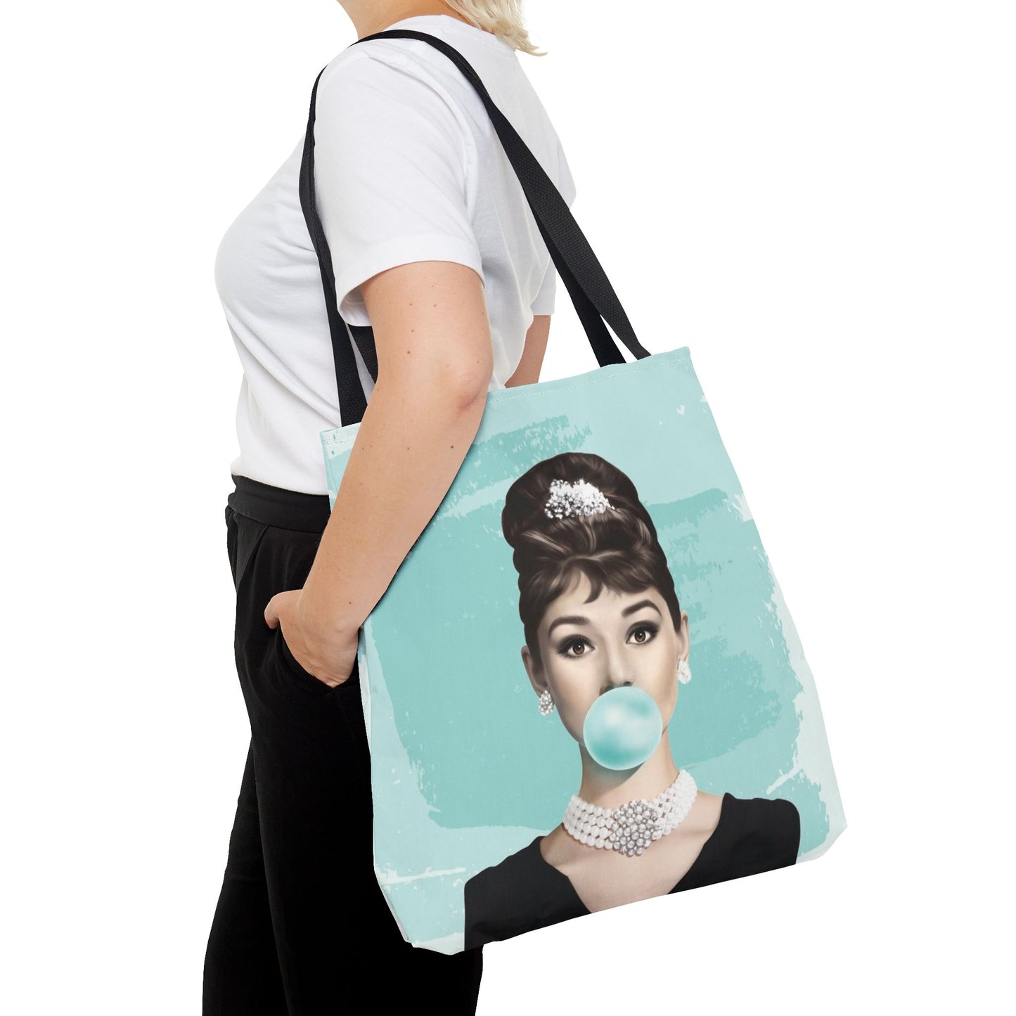 Audrey Hepburn Canvas Tote Bag, Basic Square Tote - Breakfast at Tiffany Inspired, Paris Blue Audrey Hepburn Bubblegum Tote