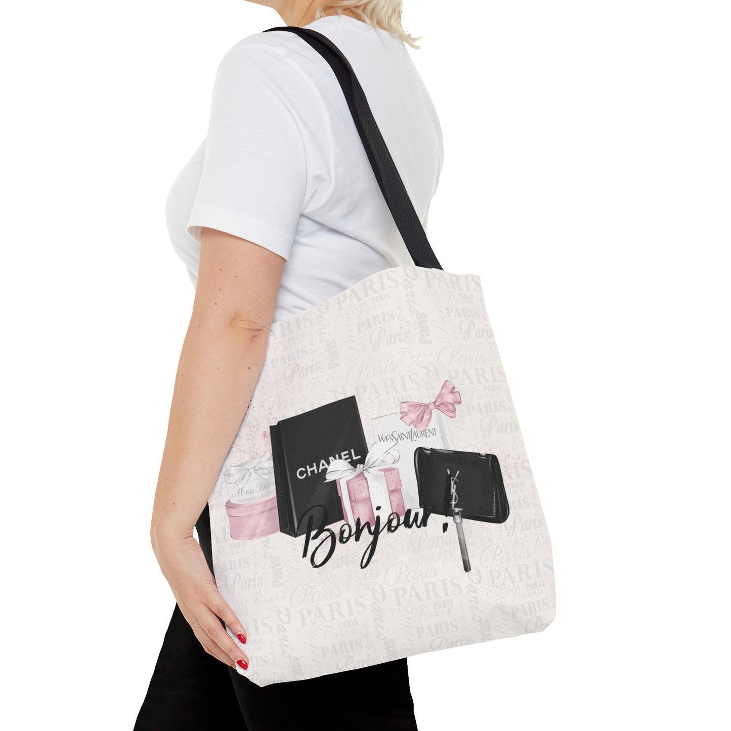 Bonjour Tote Bag, Utility Tote - Designer Inspired Tote - Shopping Fashion Tote - Parisian Pink