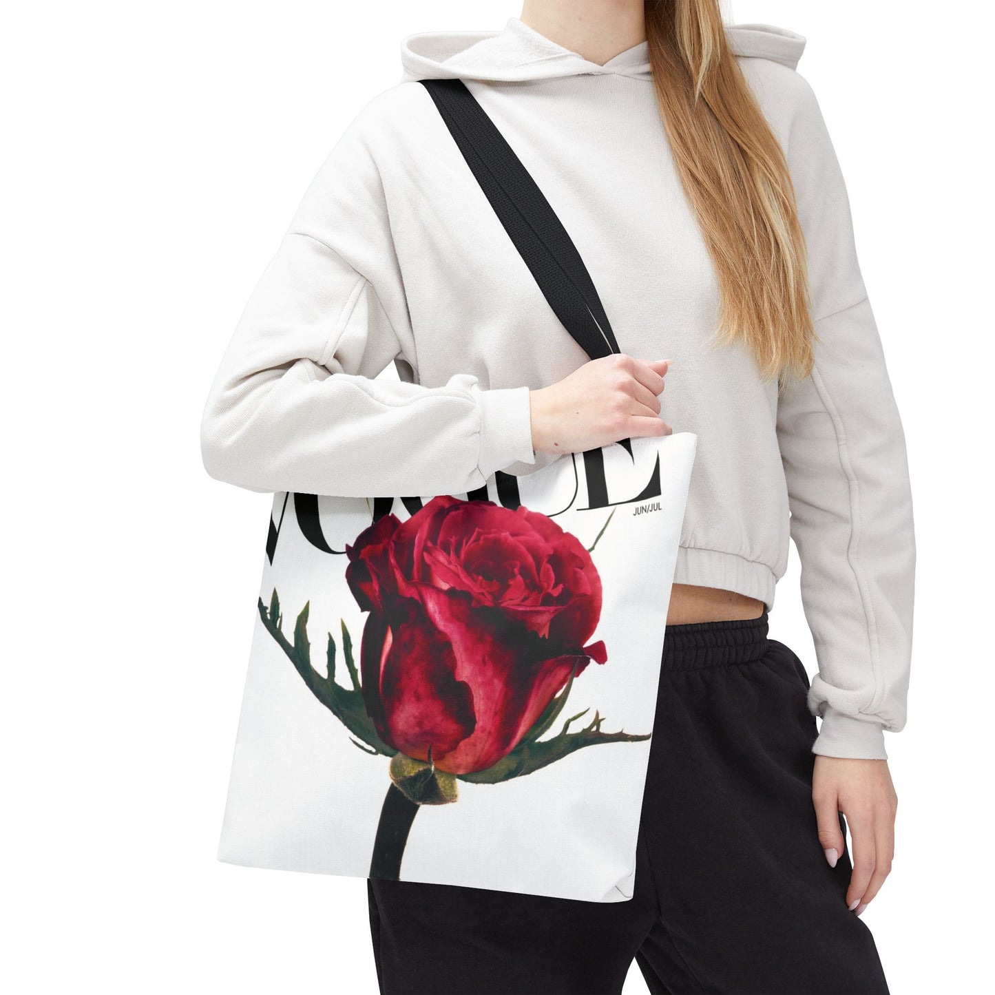 VOGUE Red Rose Square Utility Tote - Fashion Canvas Tote Bag - Designer Inspired Tote