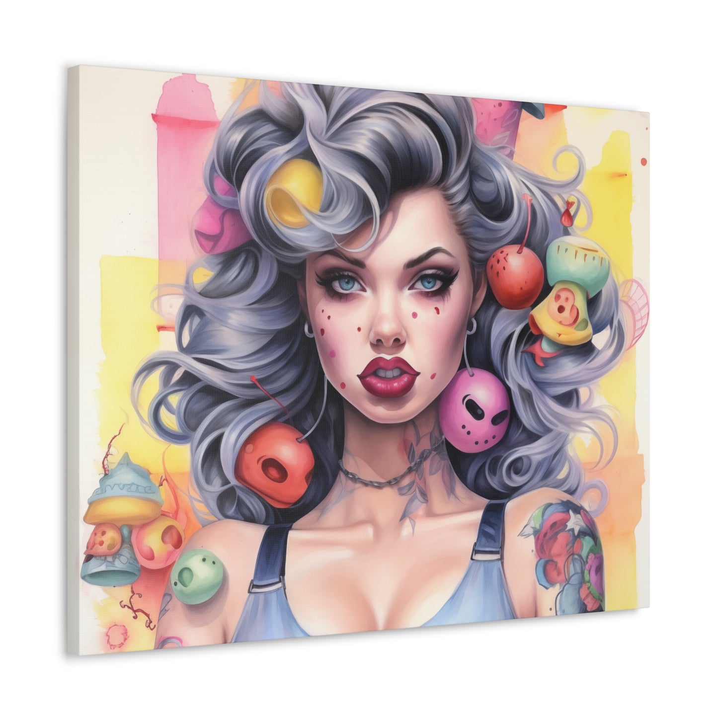 Gallery Wrapped Canvas, Tattooed Beauty, Femme Doll Pop Art Canvas – Lila