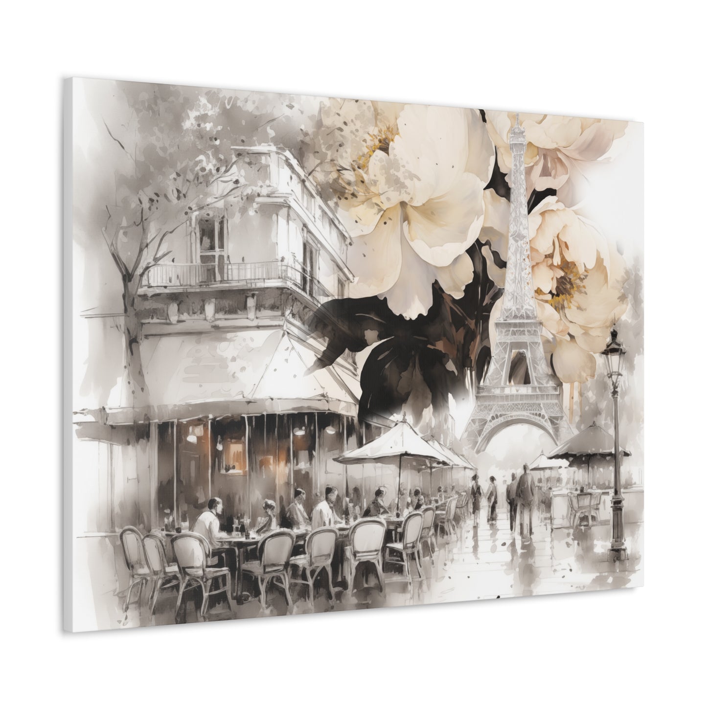 Cafe in Paris with Cream Peonies Canvas Gallery Wrap