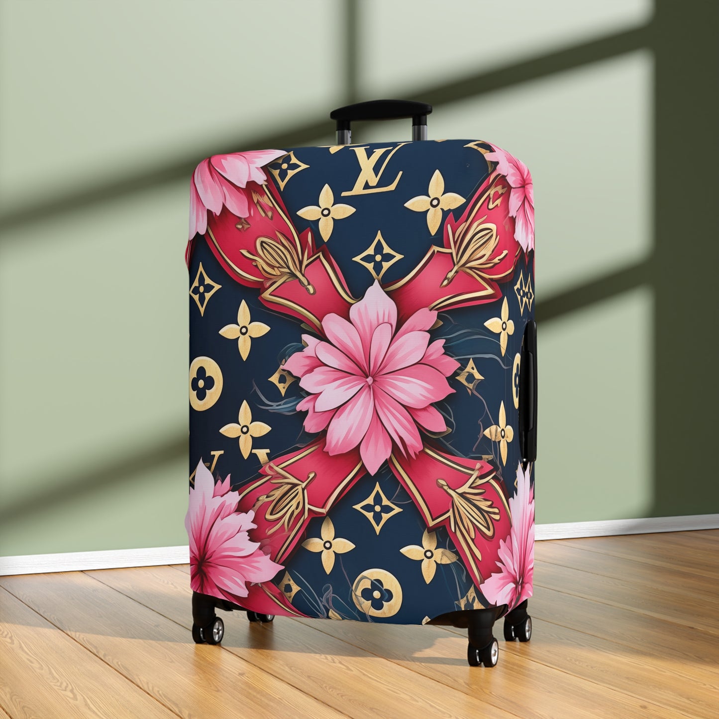 Designer Inspired Luggage Cover - LV Navy Pink Blossom