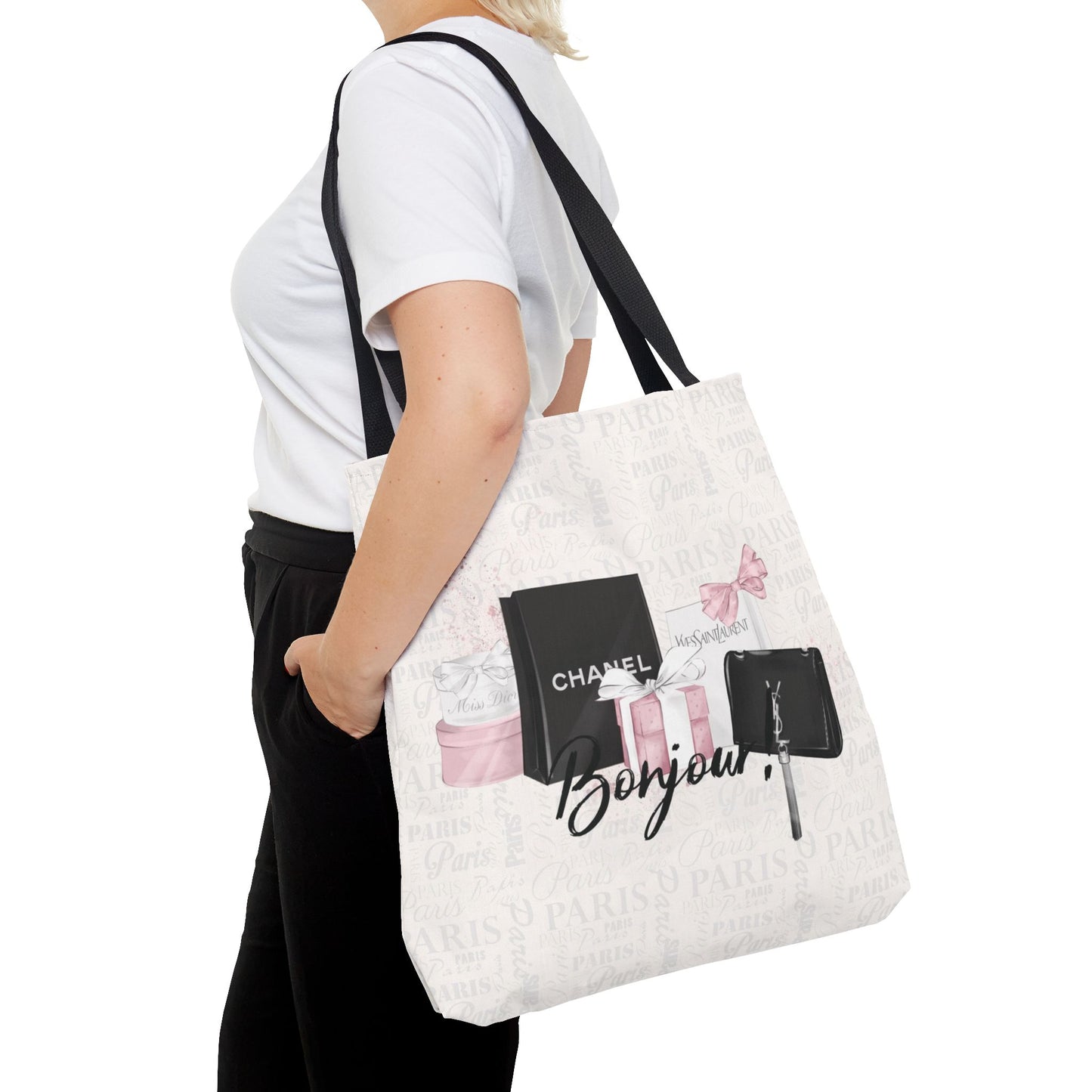 Bonjour Tote Bag, Utility Tote - Designer Inspired Tote - Shopping Fashion Tote - Parisian Pink