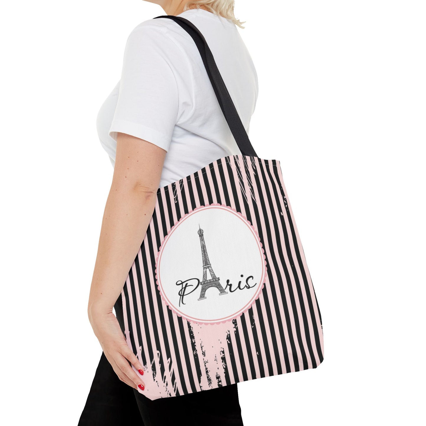 Paris Tote Bag, Utility Tote - Eiffel Tower Tote - Fashion Tote - Pink and Black Stripe