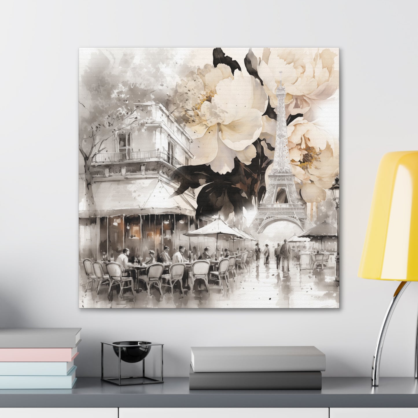 Cafe in Paris with Cream Peonies Canvas Gallery Wrap
