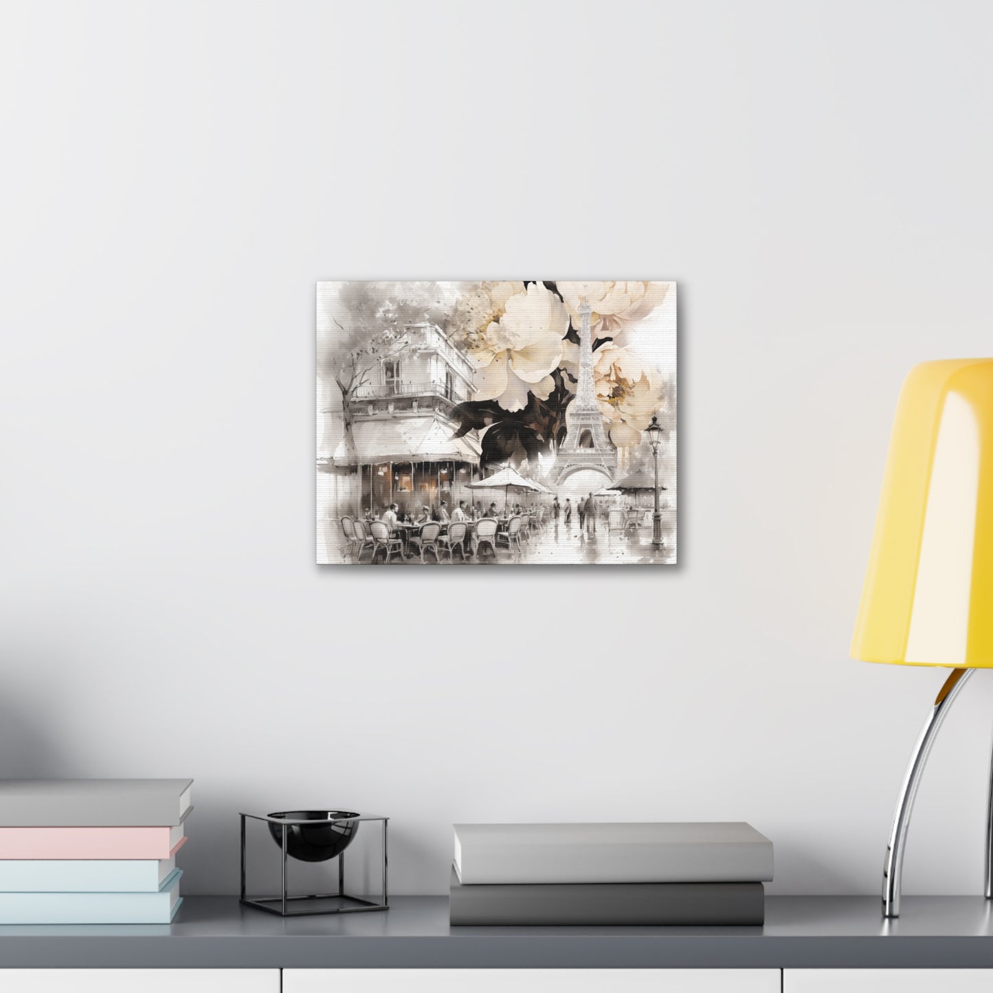 Cafe in Paris with Cream Peonies Canvas Gallery Wrap