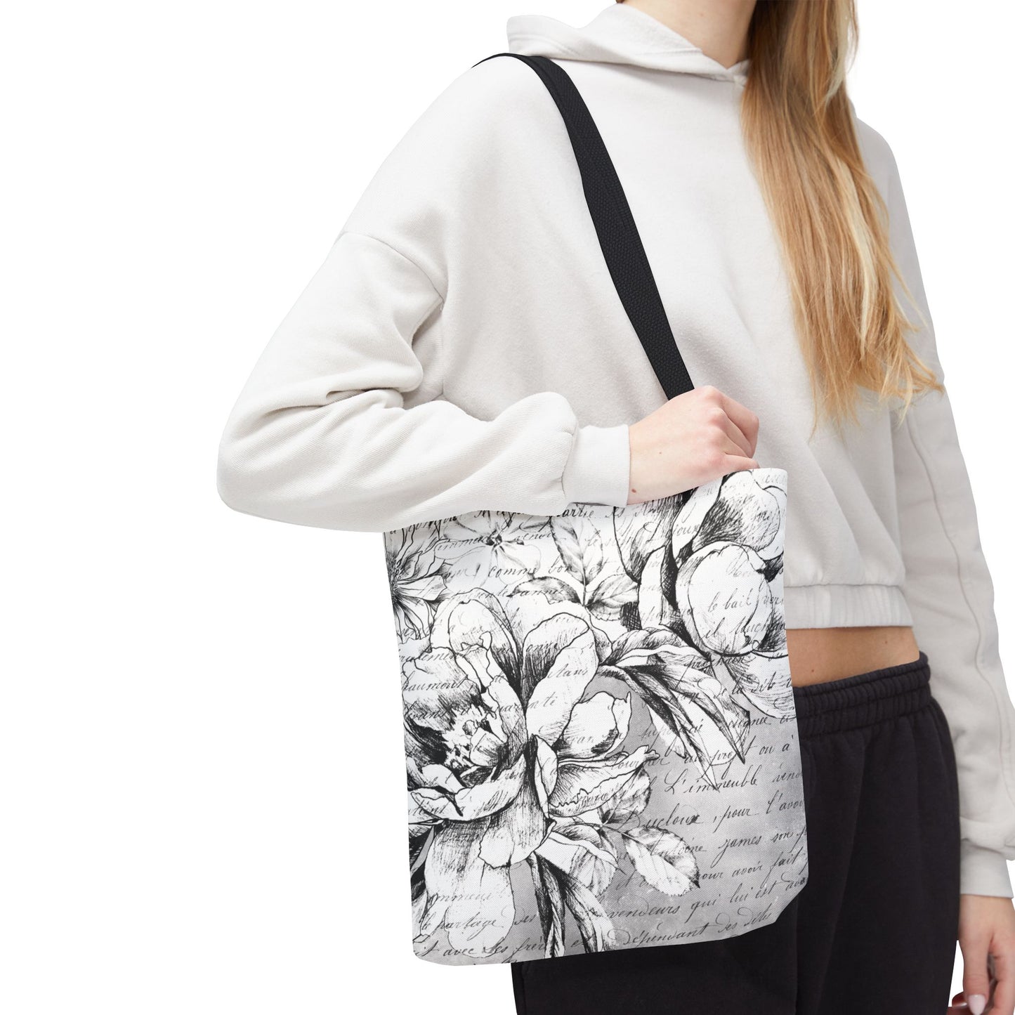 Peony Sketch Tote Bag, Utility Tote - Script Tote - Love Letters and Peonies