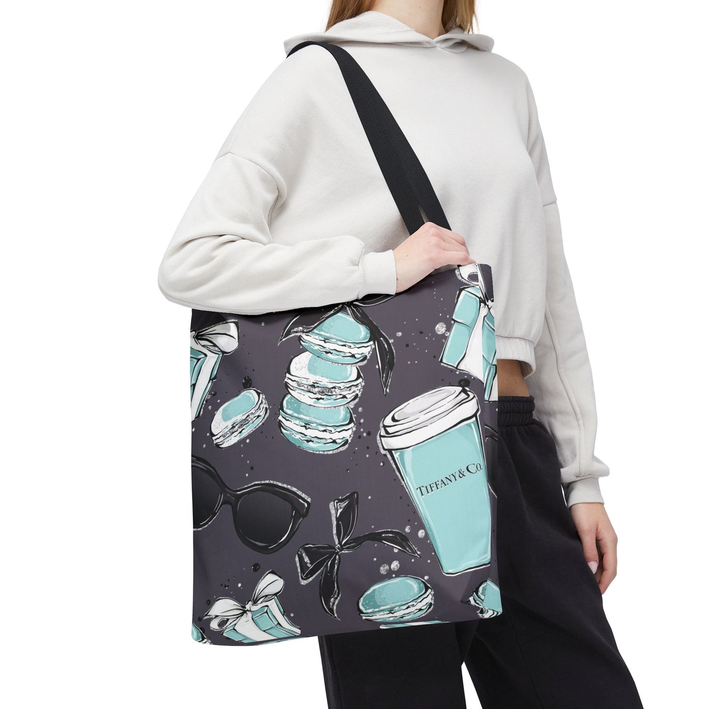 Coffee and Macarons Canvas Tote Bag, Basic Square Tote - Breakfast at Tiffany Inspired