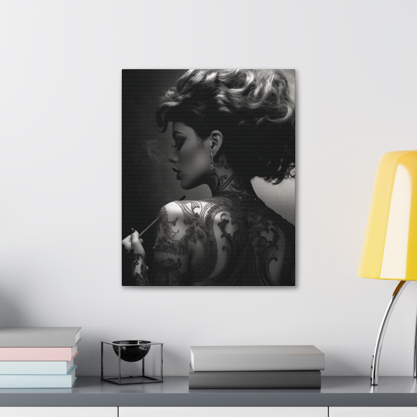 Canvas Gallery Wrap - Black and White Photography - Tattooed and Smoking