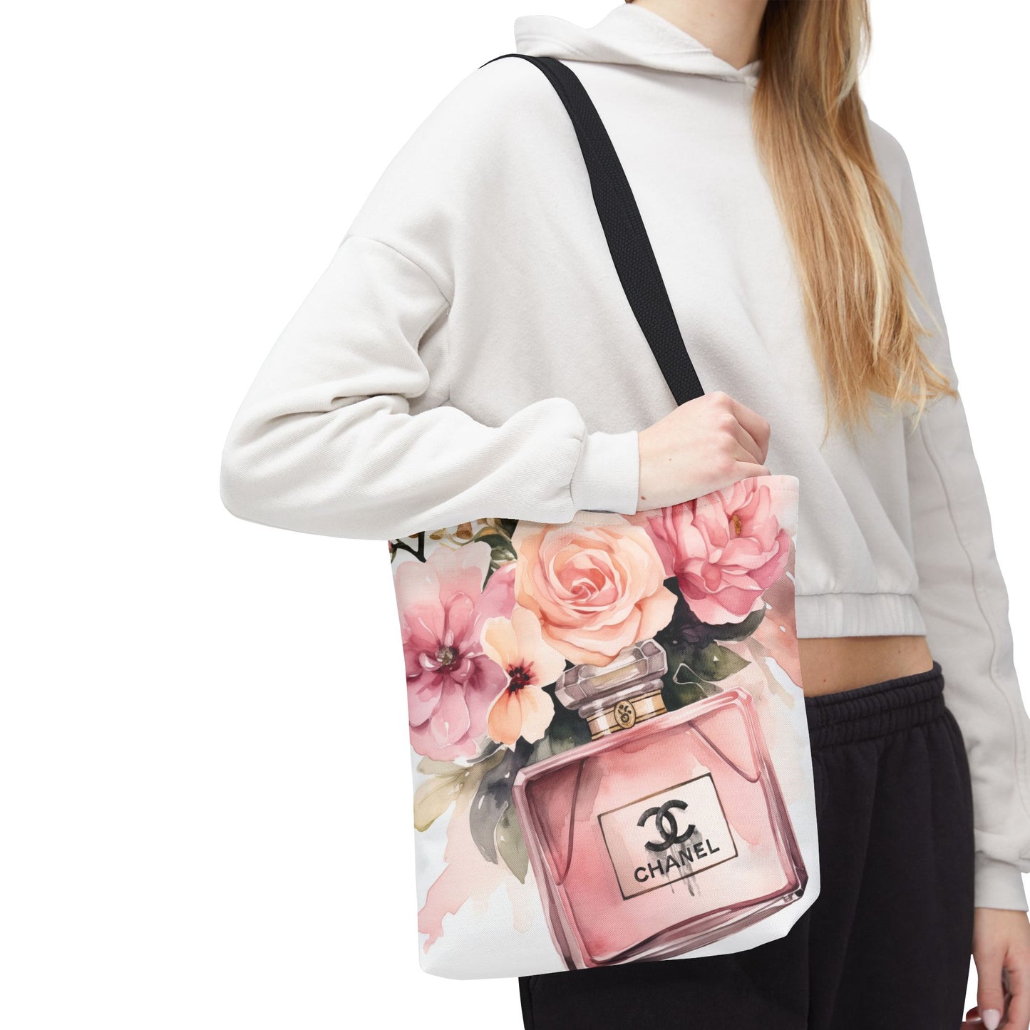 Designer Perfume Inspired Canvas Tote Bag, Basic Square Tote - Pink Perfume Bottle Vase, Designer Perfume