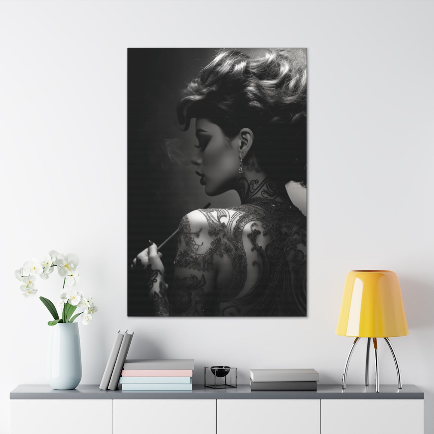 Canvas Gallery Wrap - Black and White Photography - Tattooed and Smoking