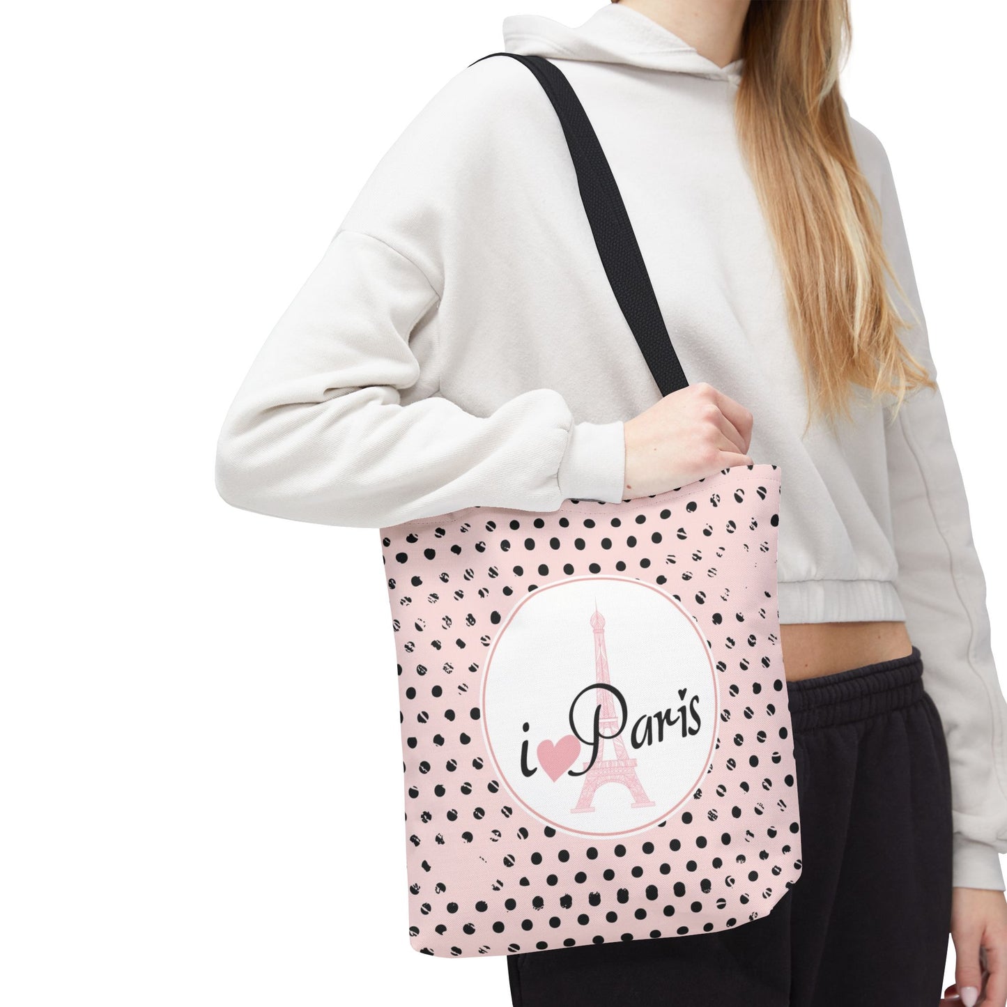 I heart Paris Tote Bag, Utility Tote - Eiffel Tower Tote - Fashion Tote - Black Dot