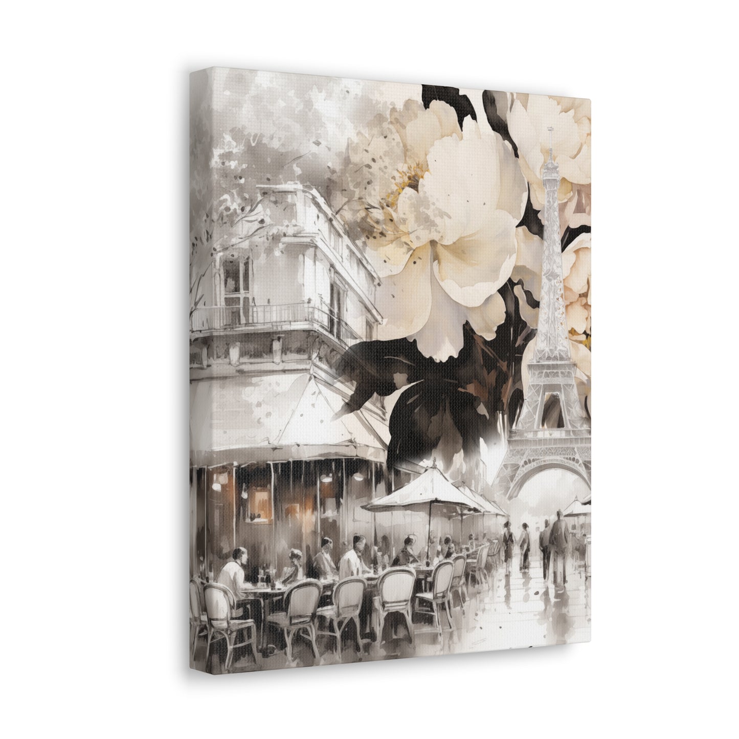 Cafe in Paris with Cream Peonies Canvas Gallery Wrap
