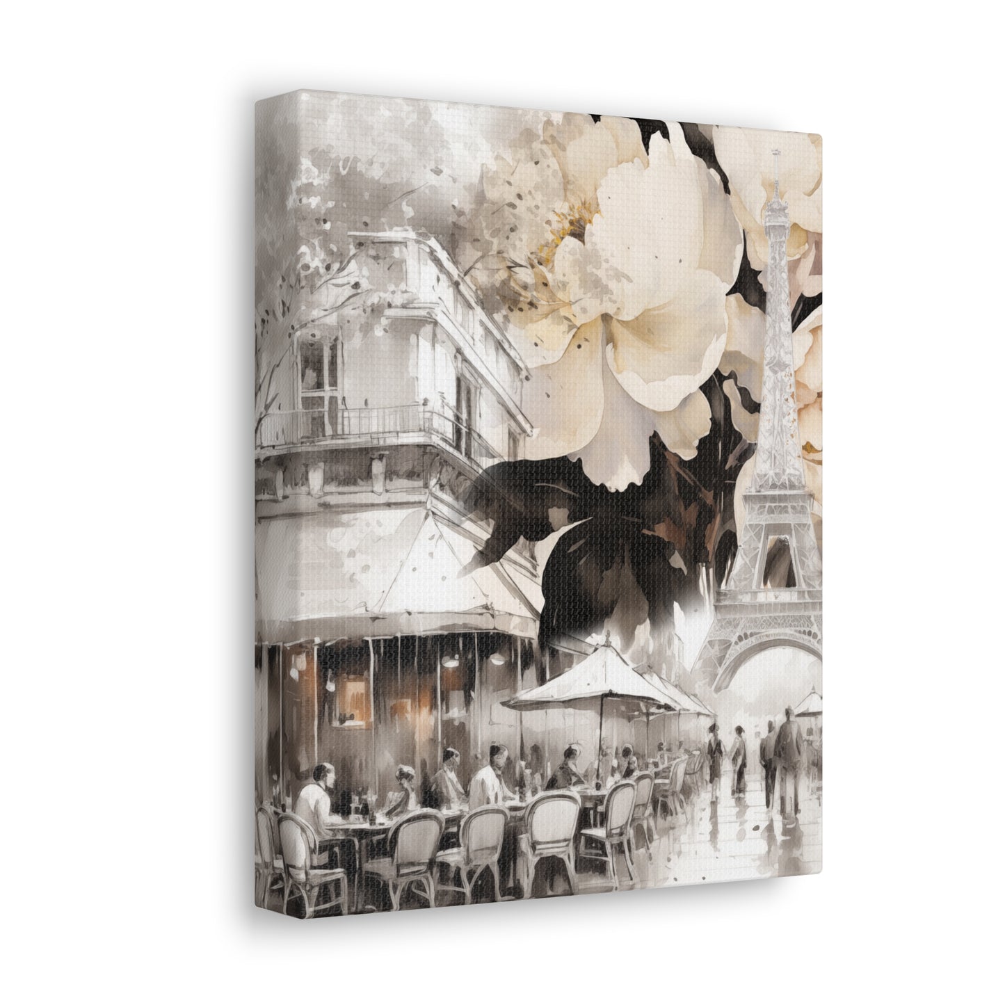 Cafe in Paris with Cream Peonies Canvas Gallery Wrap