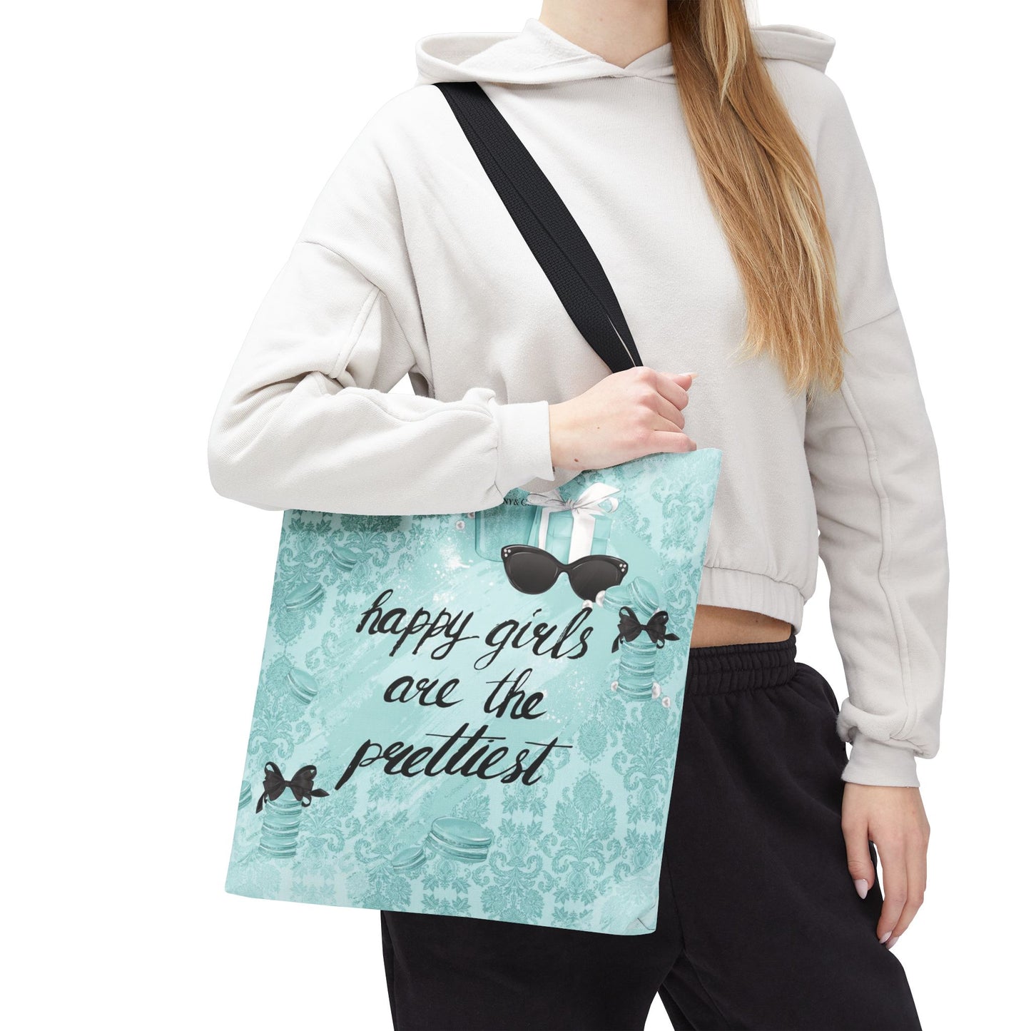 Happy Girls are the Prettiest Canvas Tote Bag, Basic Square Tote - Breakfast at Tiffany Inspired, Paris Blue Tote