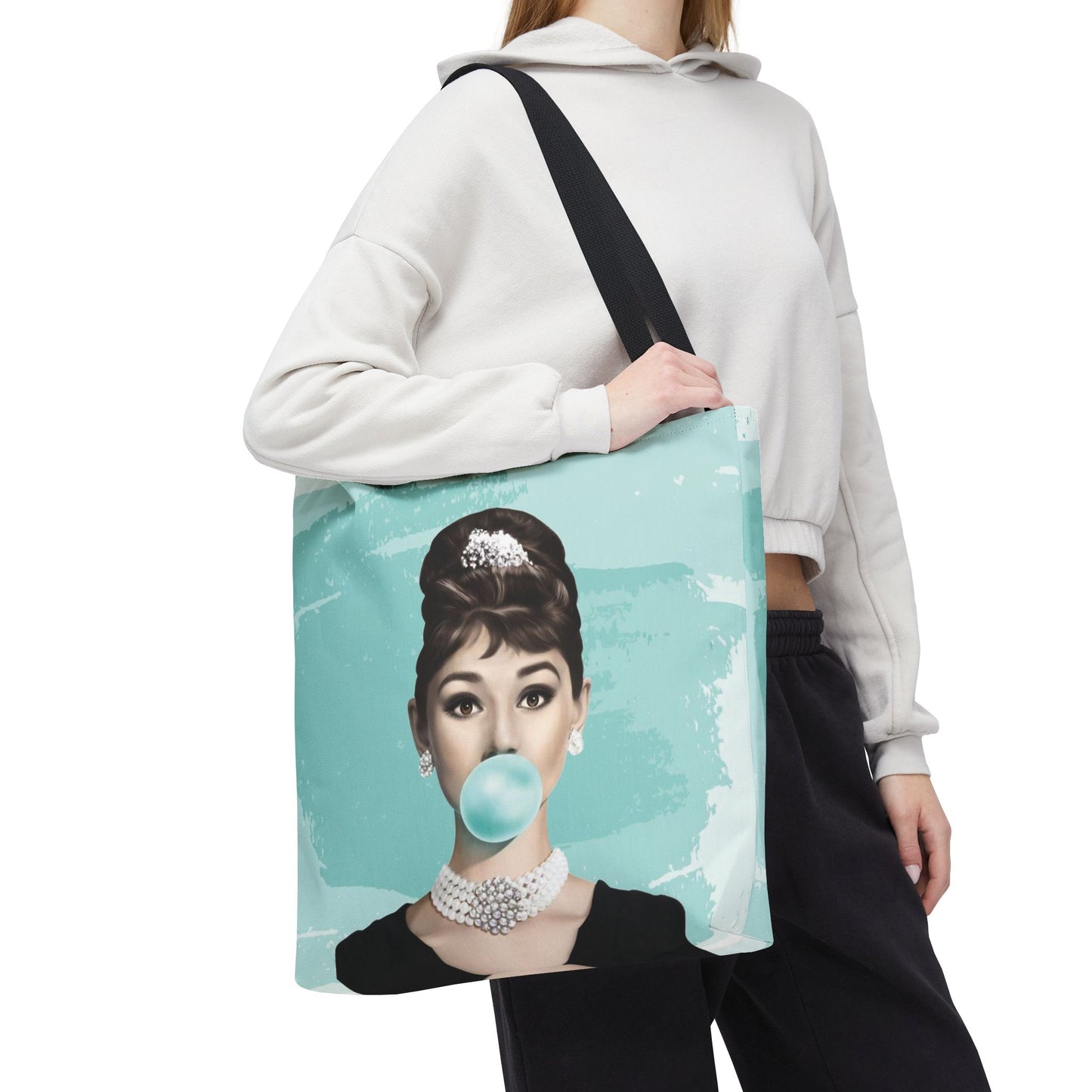 Audrey Hepburn Canvas Tote Bag, Basic Square Tote - Breakfast at Tiffany Inspired, Paris Blue Audrey Hepburn Bubblegum Tote