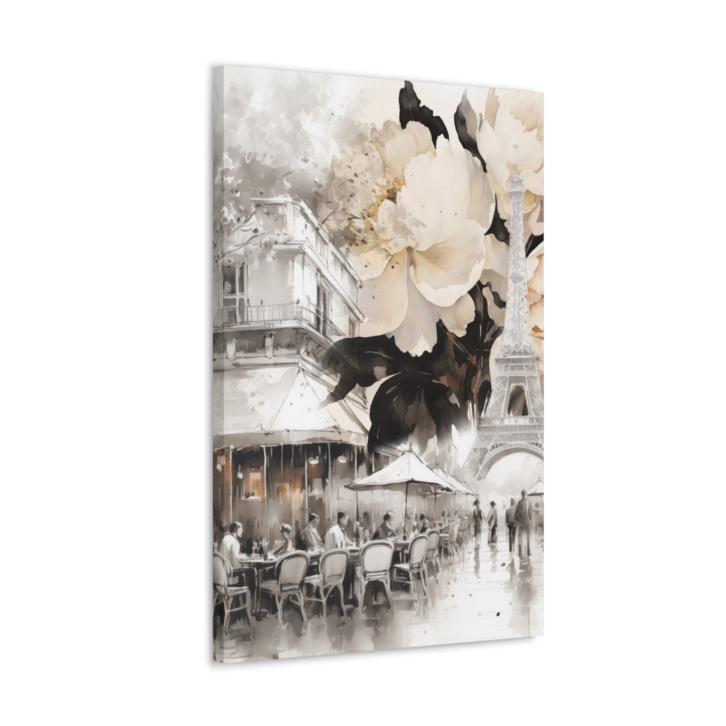 Cafe in Paris with Cream Peonies Canvas Gallery Wrap