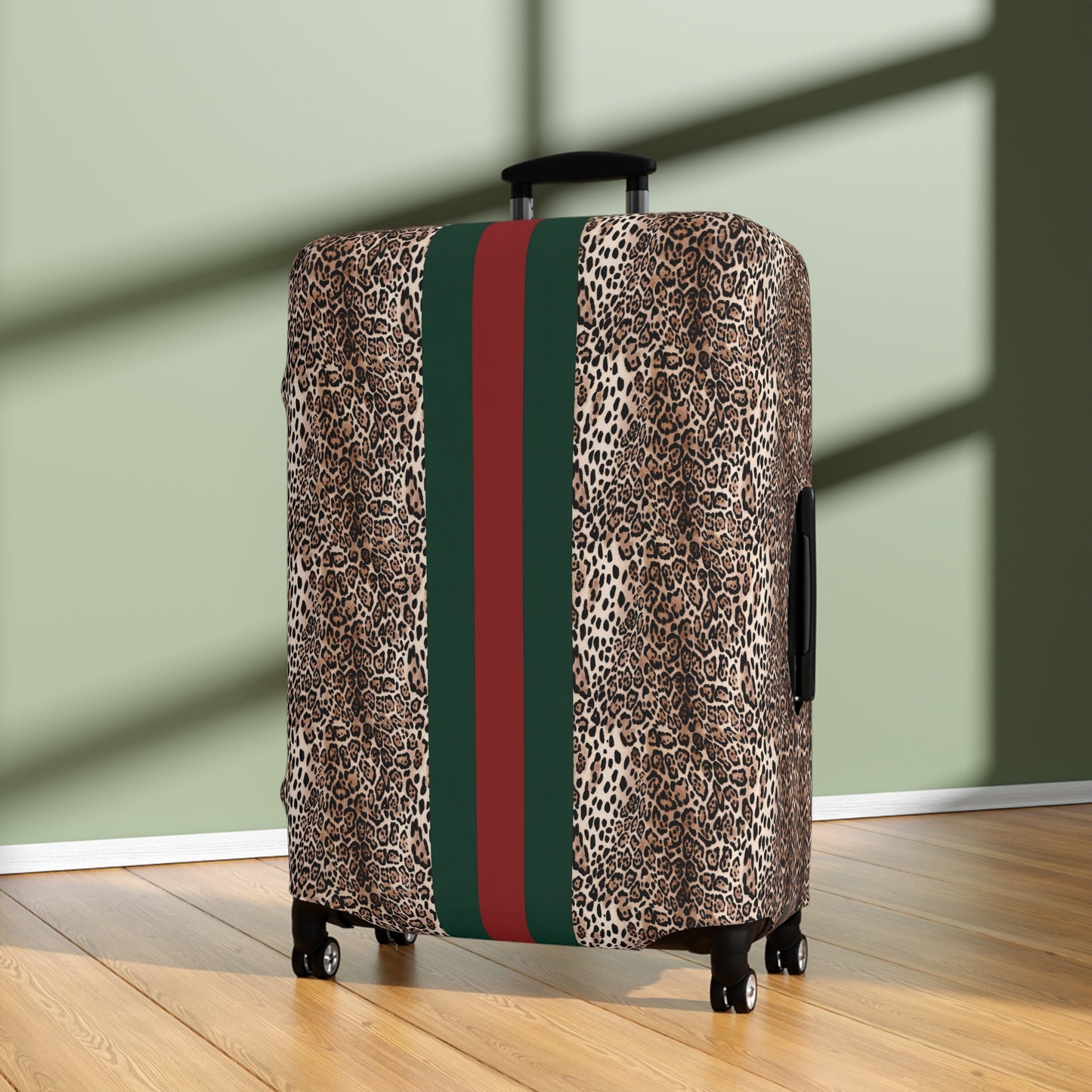 Designer Inspired Luggage Cover - Leopard - Red Green Stripe