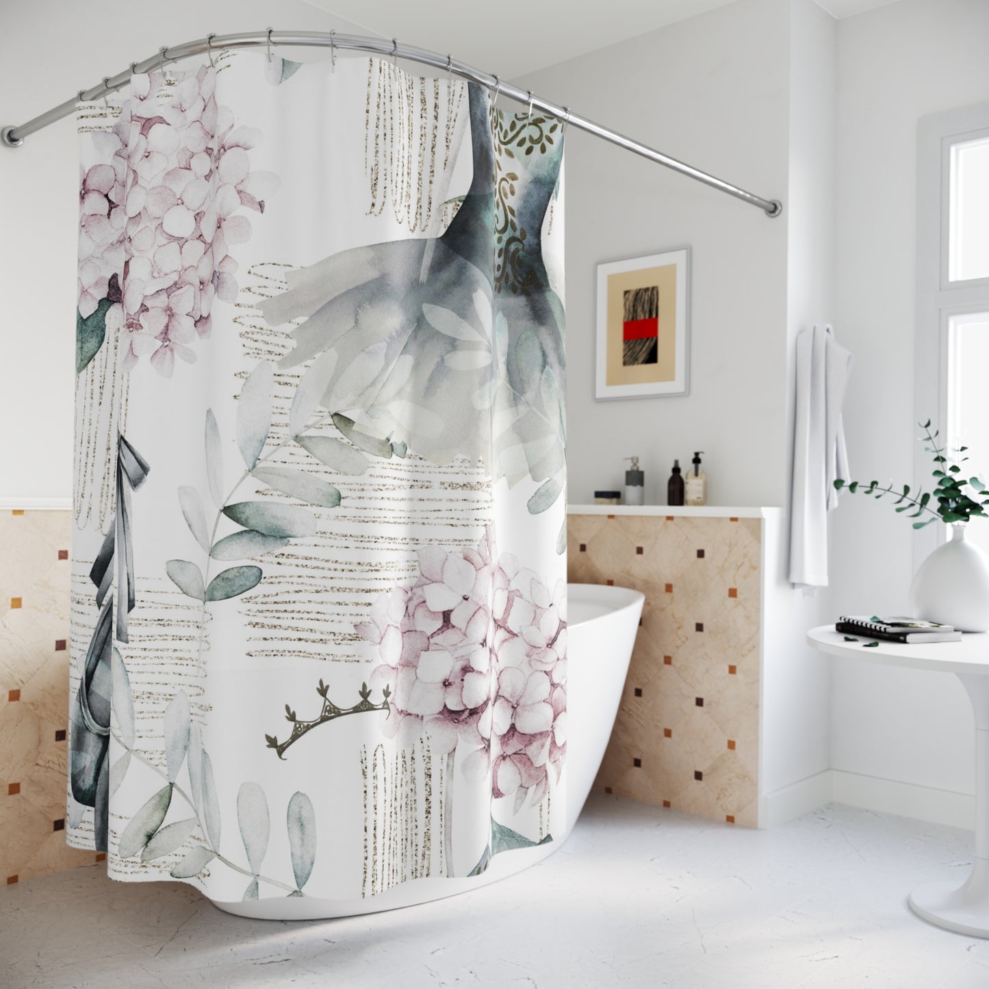 Ballet Shower Curtain - Personalized Shower Curtain - Ballet Slippers Pink Hydrangea Fashion Bathroom Curtain