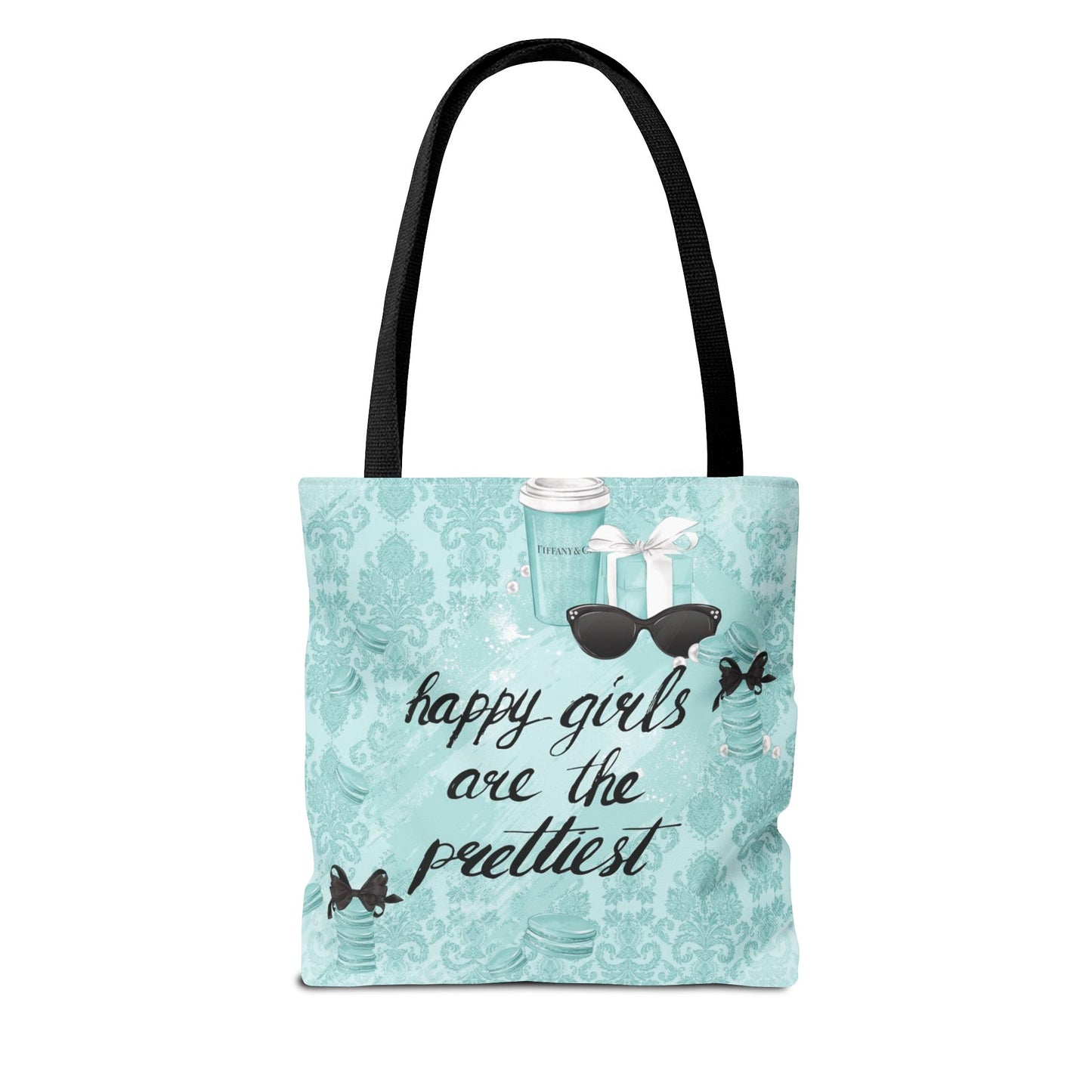 Happy Girls are the Prettiest Canvas Tote Bag, Basic Square Tote - Breakfast at Tiffany Inspired, Paris Blue Tote