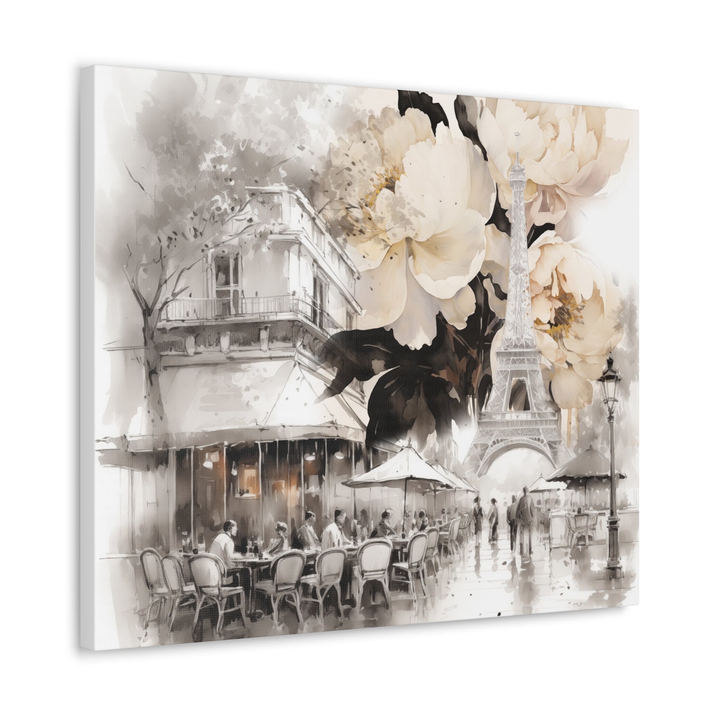 Cafe in Paris with Cream Peonies Canvas Gallery Wrap