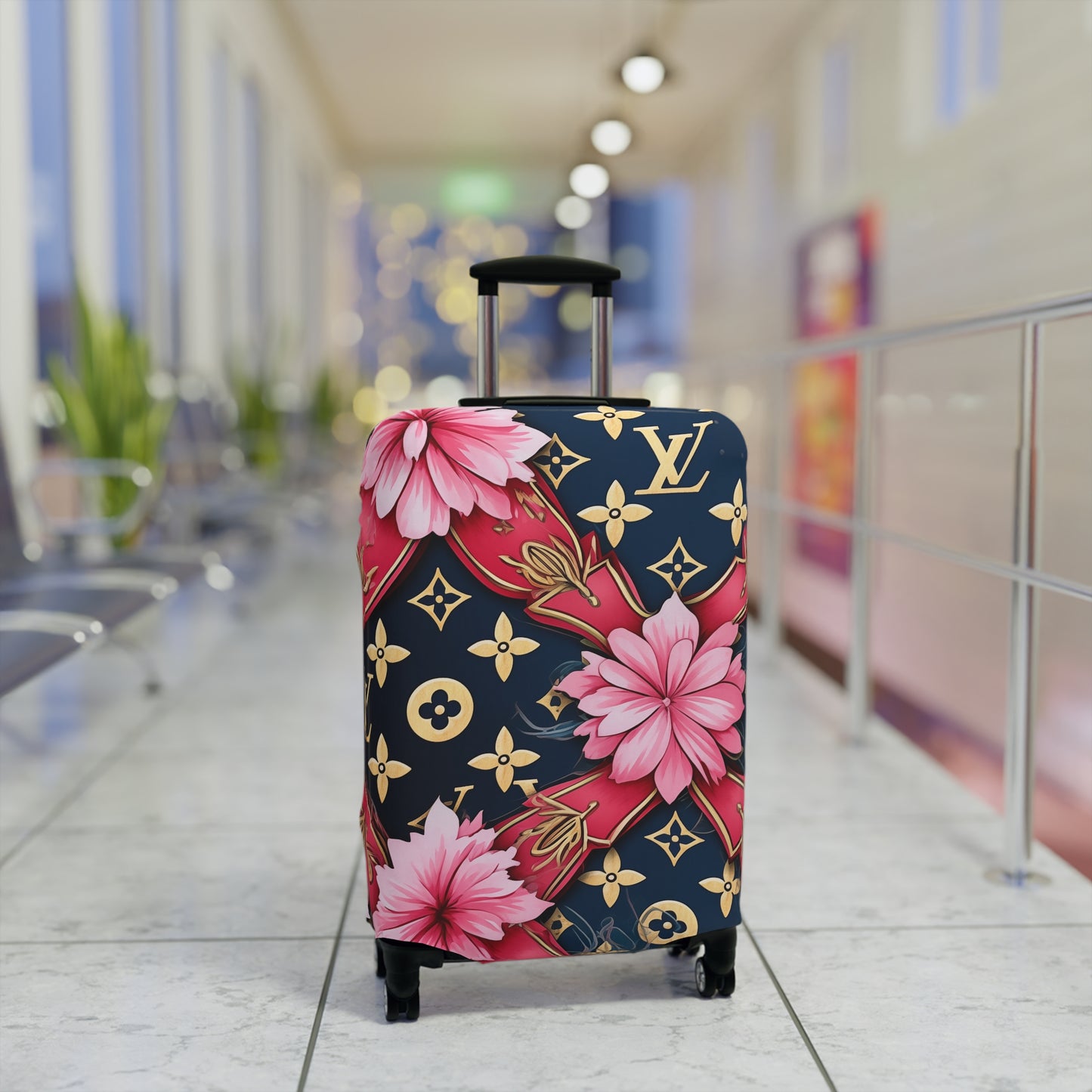 Designer Inspired Luggage Cover - LV Navy Pink Blossom