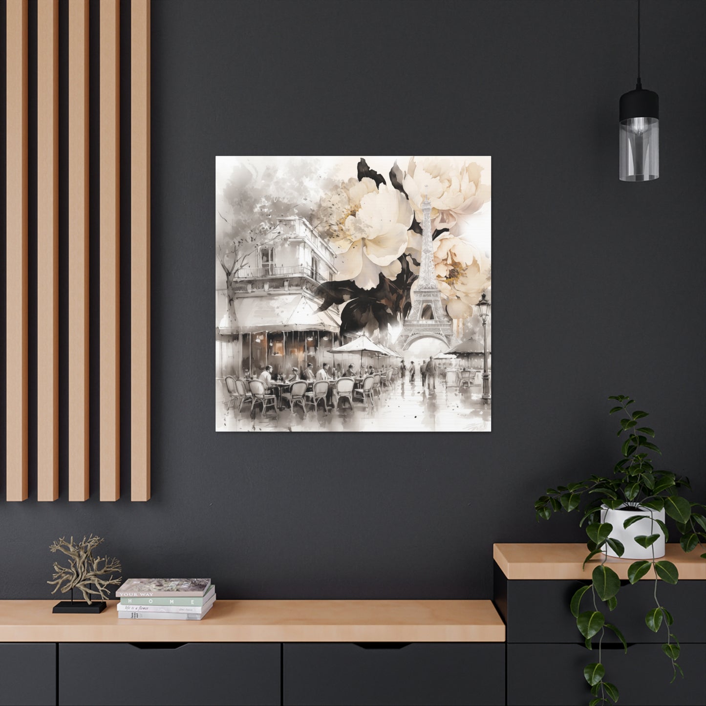 Cafe in Paris with Cream Peonies Canvas Gallery Wrap