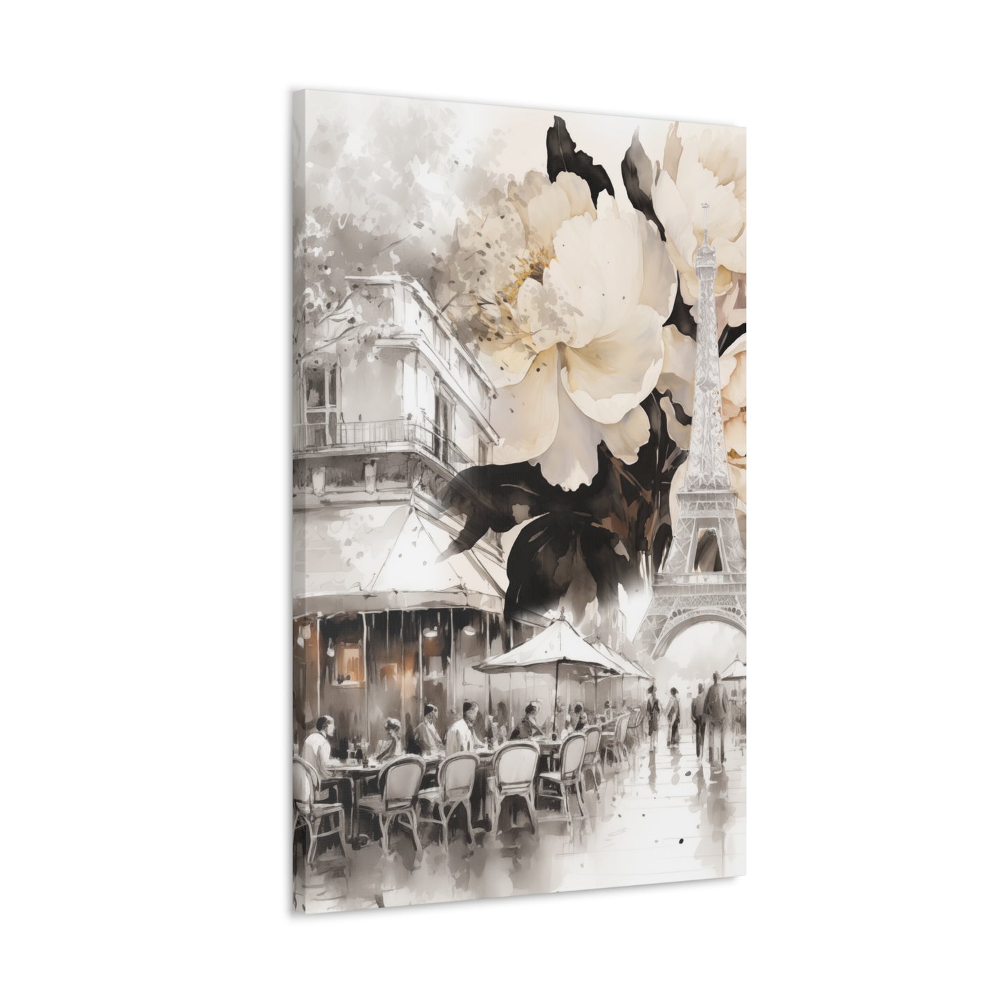 Cafe in Paris with Cream Peonies Canvas Gallery Wrap