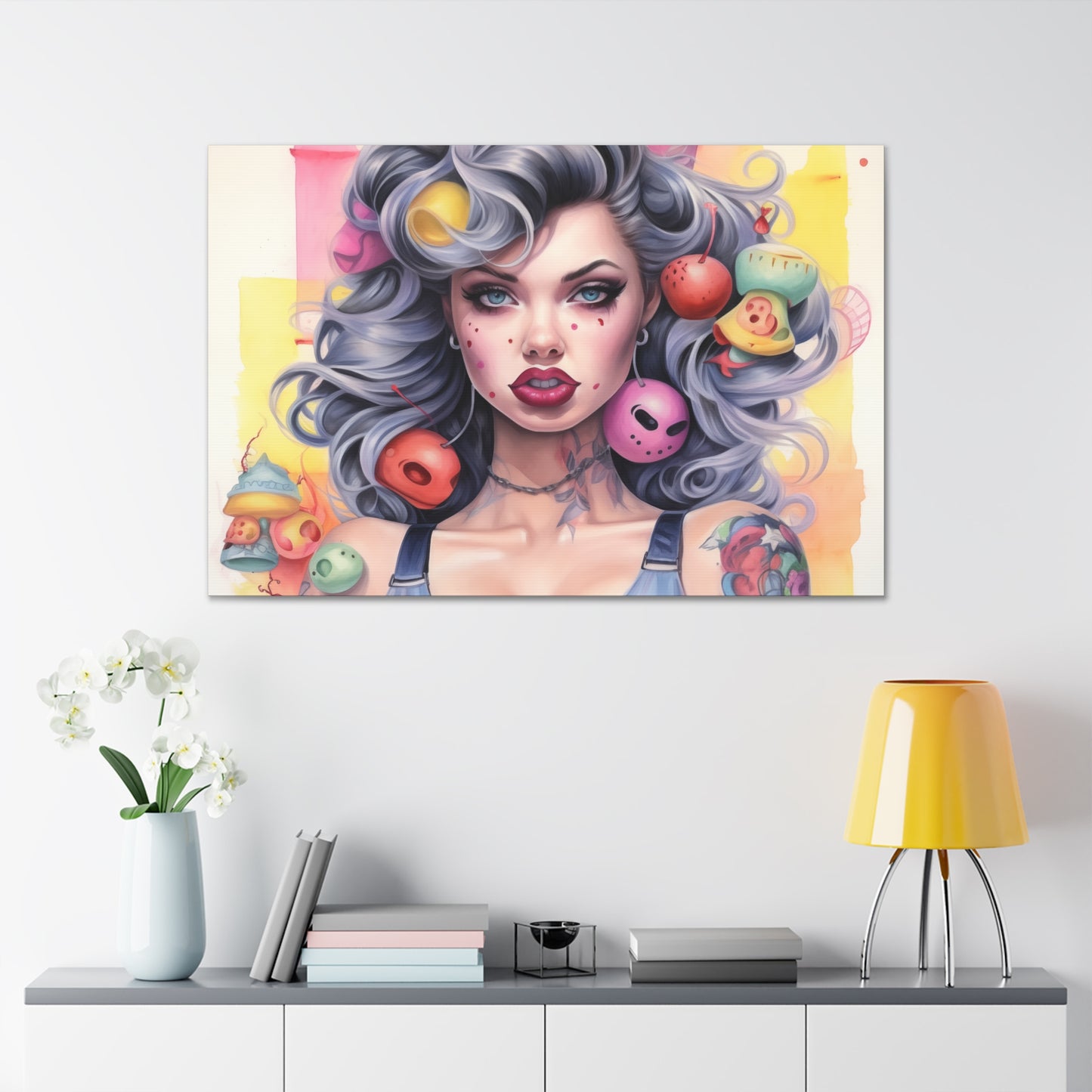Gallery Wrapped Canvas, Tattooed Beauty, Femme Doll Pop Art Canvas – Lila