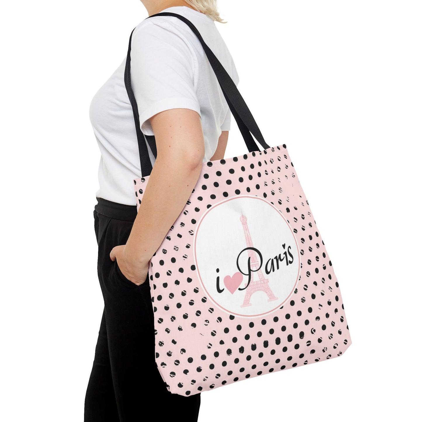 I heart Paris Tote Bag, Utility Tote - Eiffel Tower Tote - Fashion Tote - Black Dot
