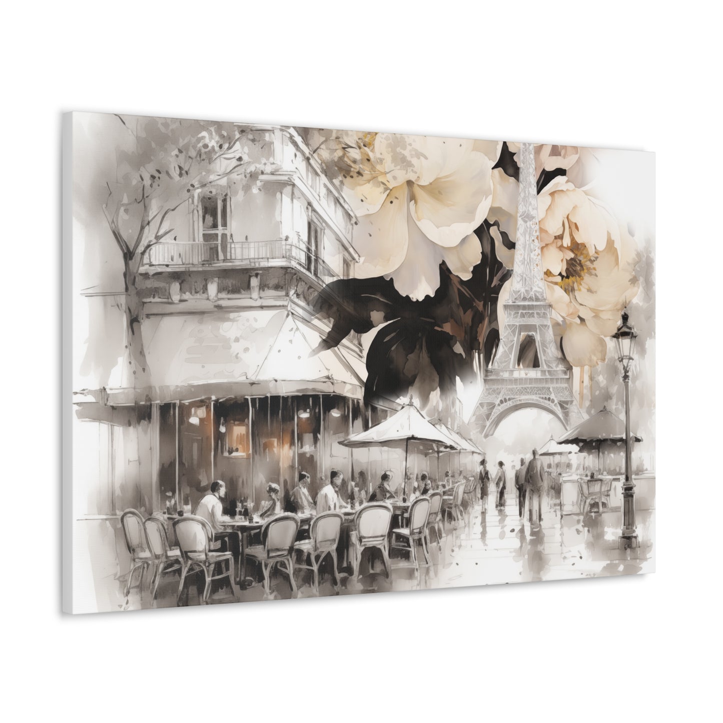 Cafe in Paris with Cream Peonies Canvas Gallery Wrap